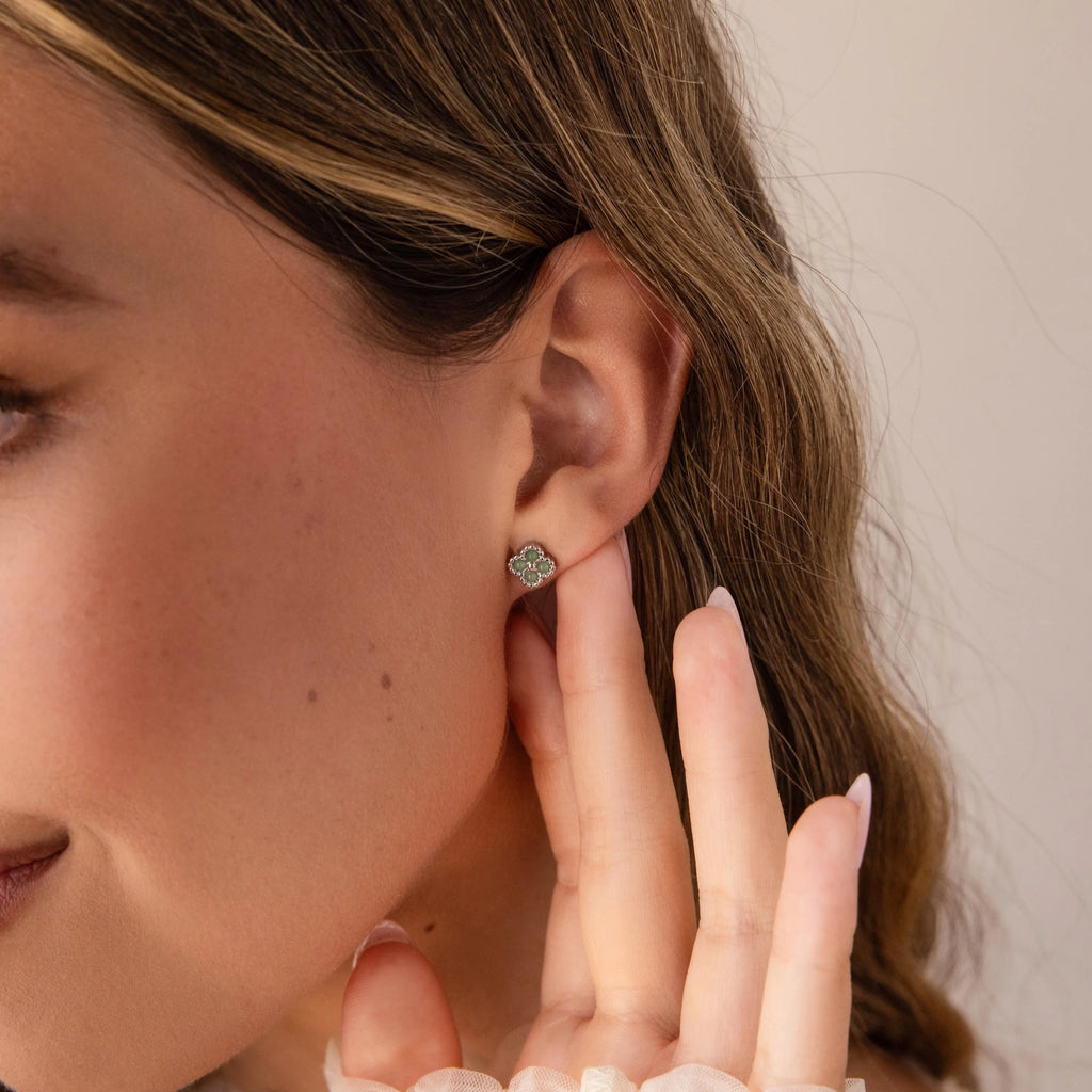 Jade Clover Studs Silver 18K Gold Plated