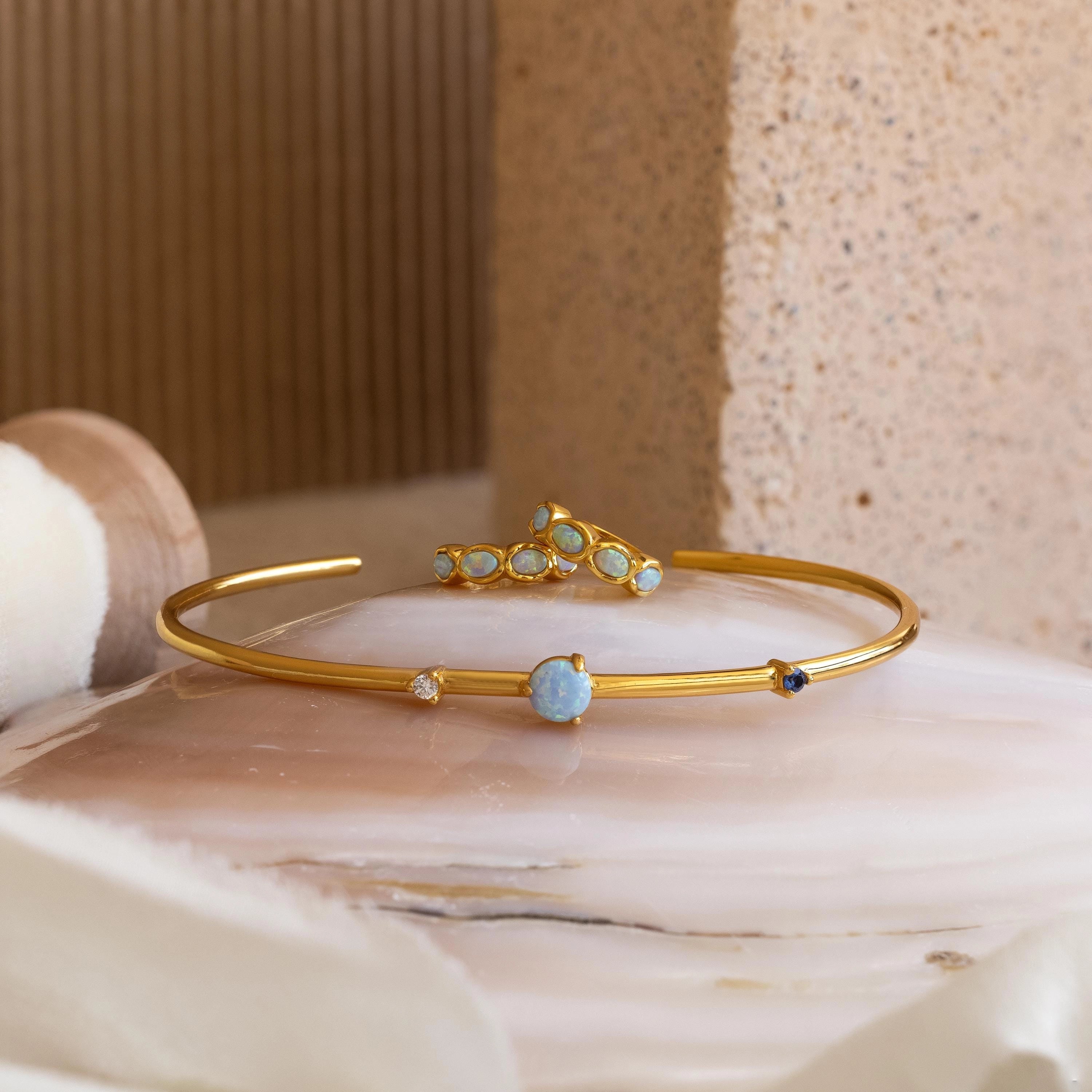 Blue Opal Beaded Huggies Silver 18K Gold Plated