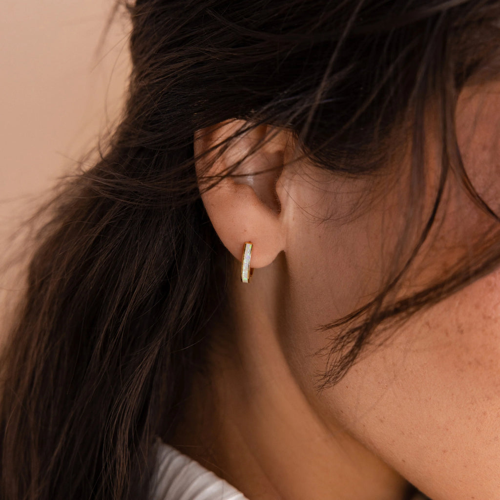White Opal Inlay Hoops Silver 18K Gold Plated