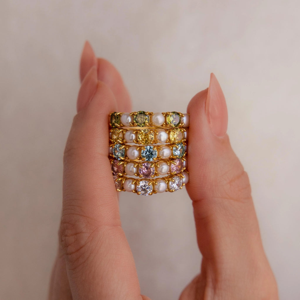 Emerald & Pearl Lace Ring Silver 18K Gold Plated