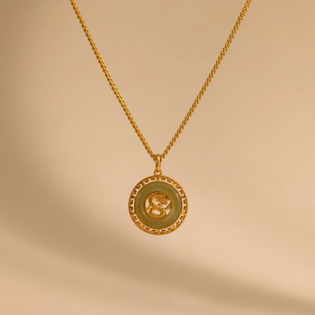 Jade Dragon Fortune Necklace   Silver 18K Gold Plated