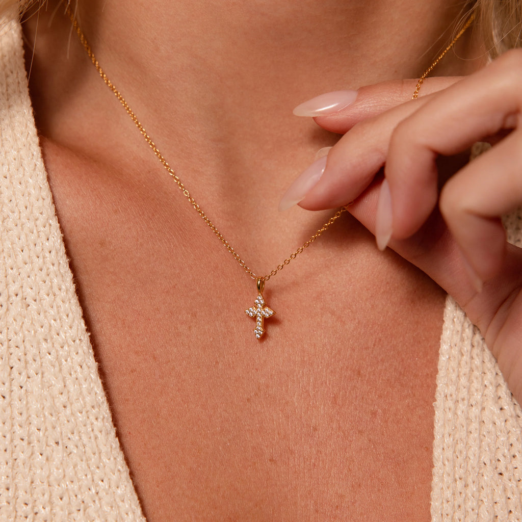 Diamond Cross Necklace Silver 18K Gold Plated