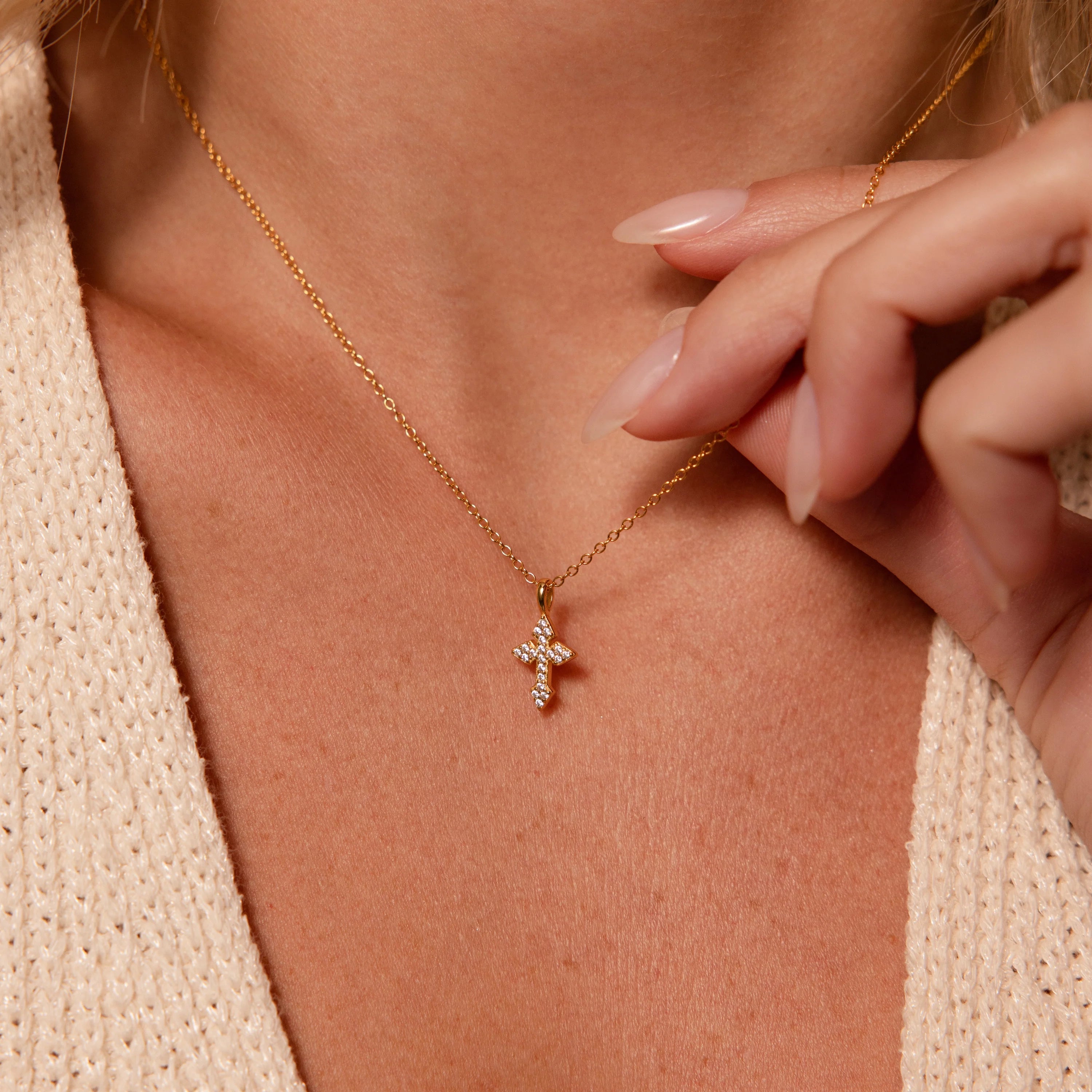 Diamond Cross Necklace Silver 18K Gold Plated