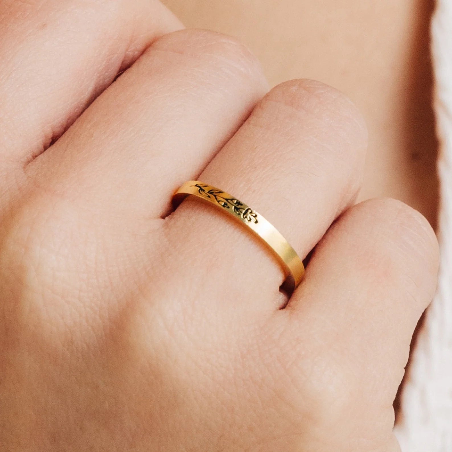 Stacking Birth Flower Band Silver 18K Gold Plated