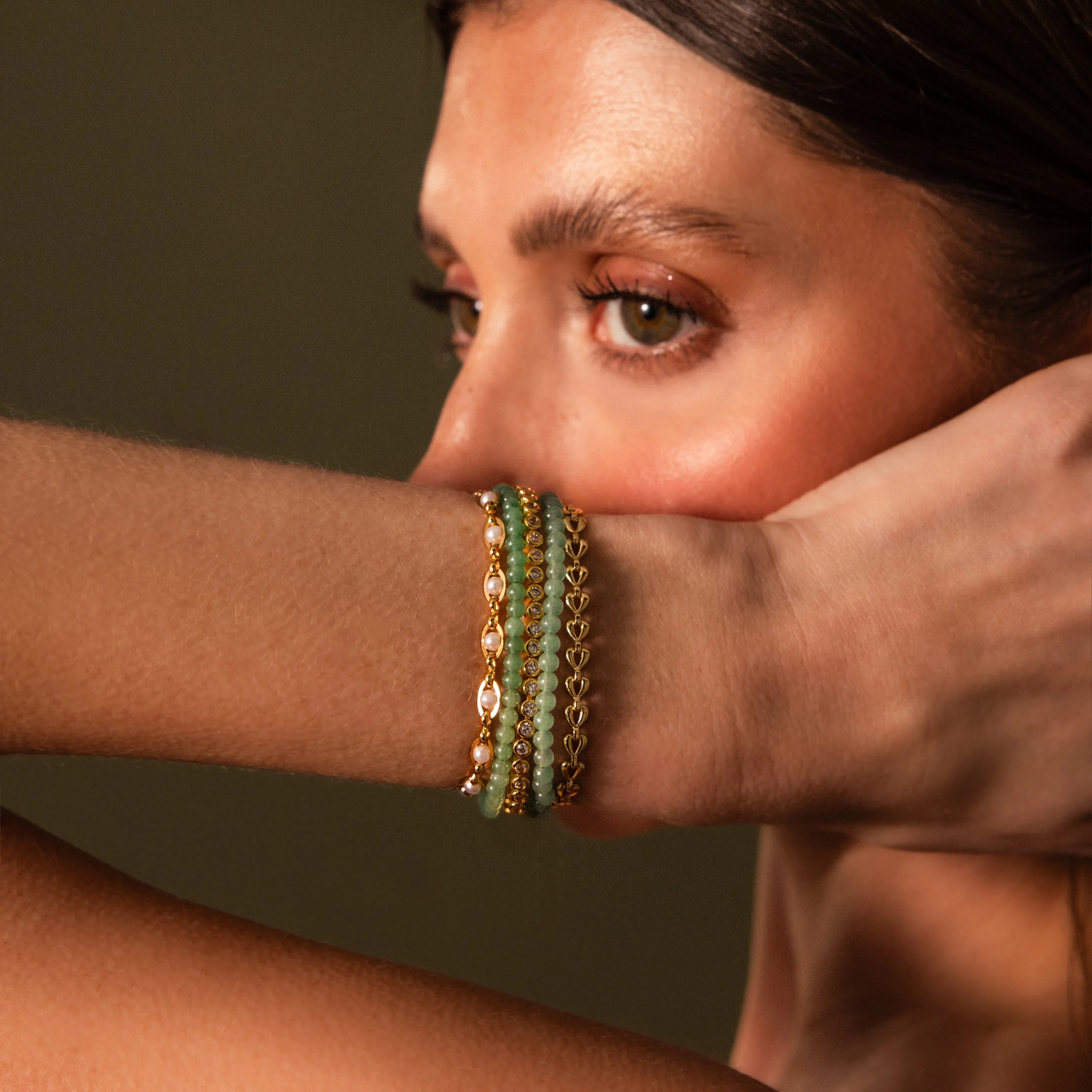 Beaded Jade Rolo Clasp Bracelet Silver 18K Gold Plated