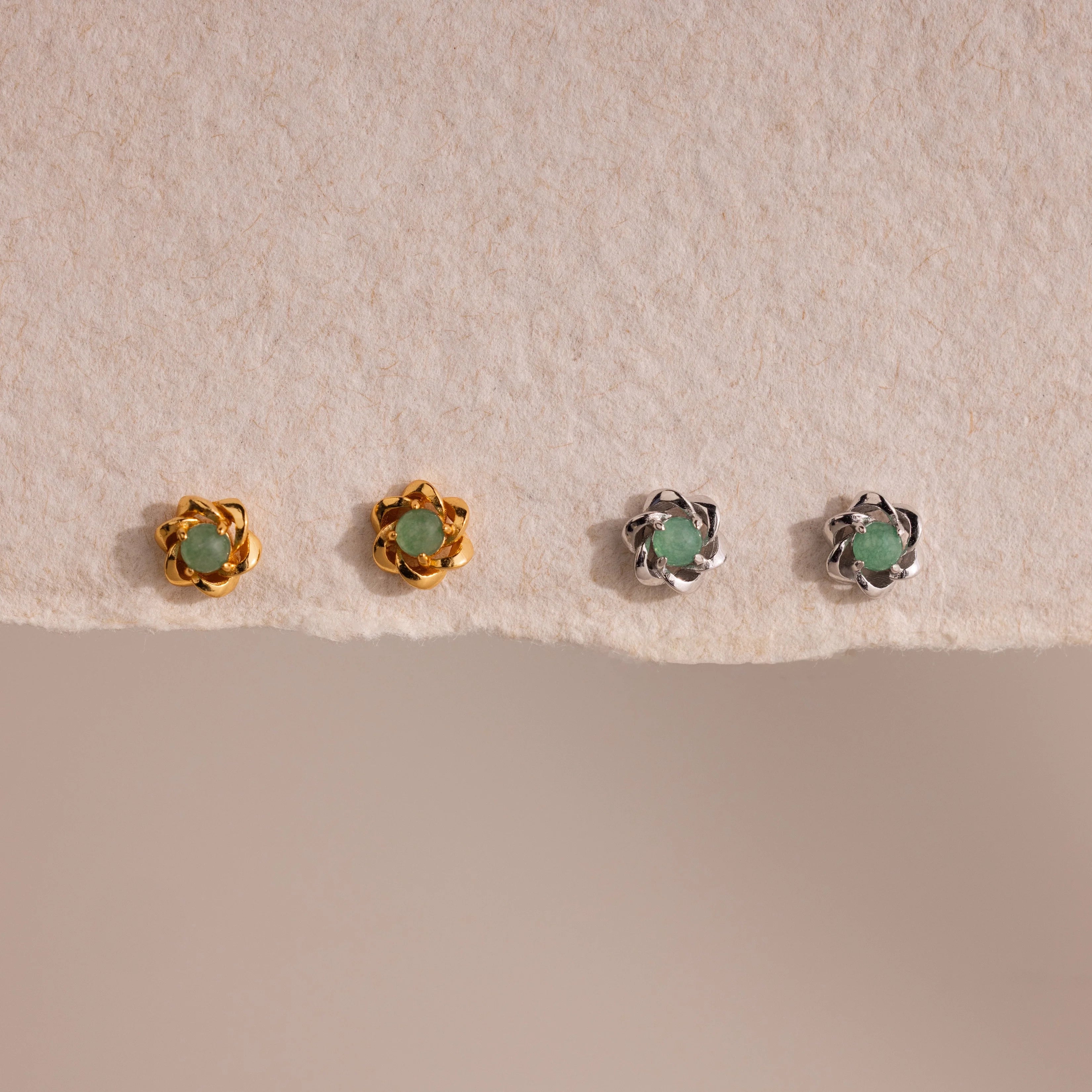 Mini Jade Flower Studs Silver 18K Gold Plated