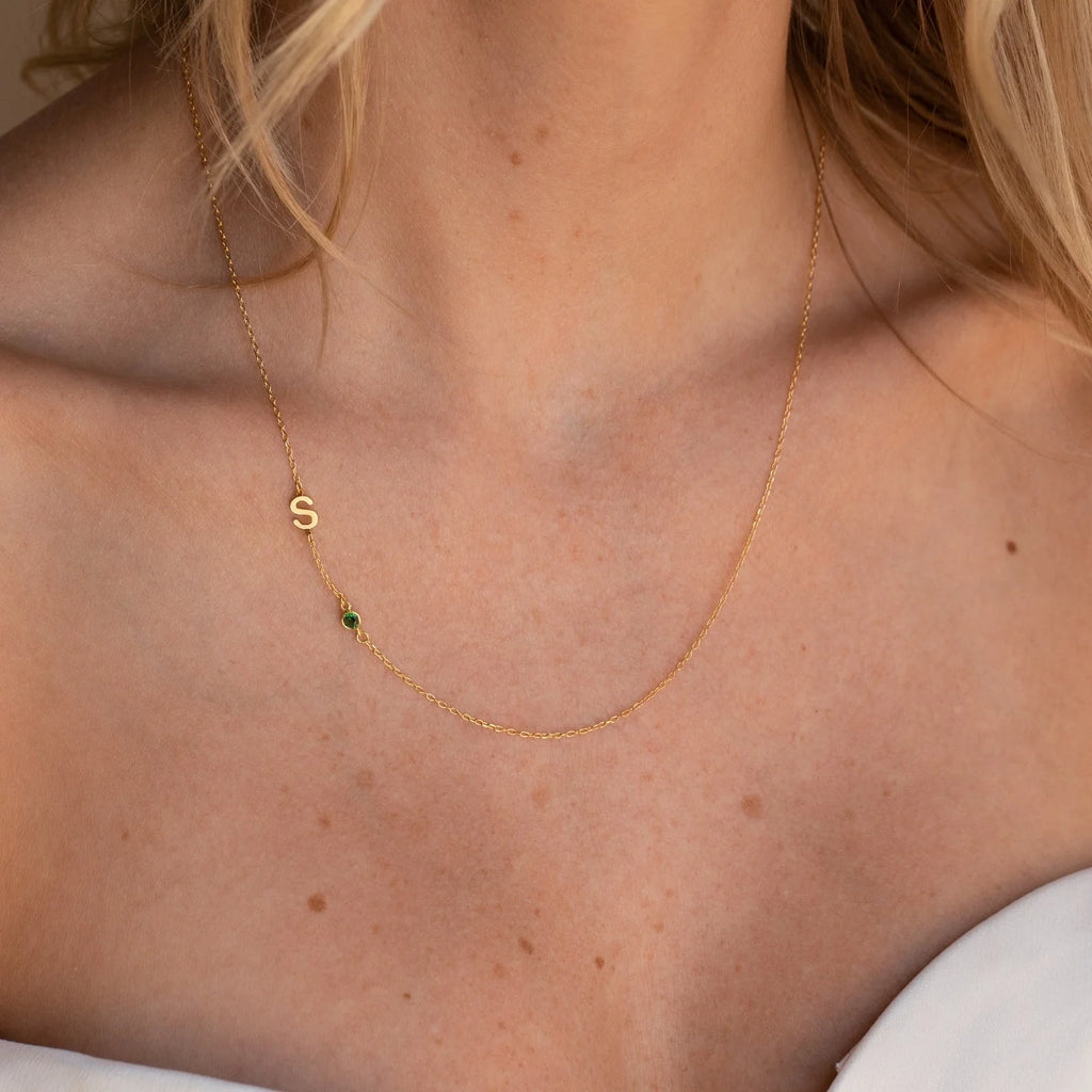 Sideways Initial Birthstone Necklace Silver 18K Gold Plated