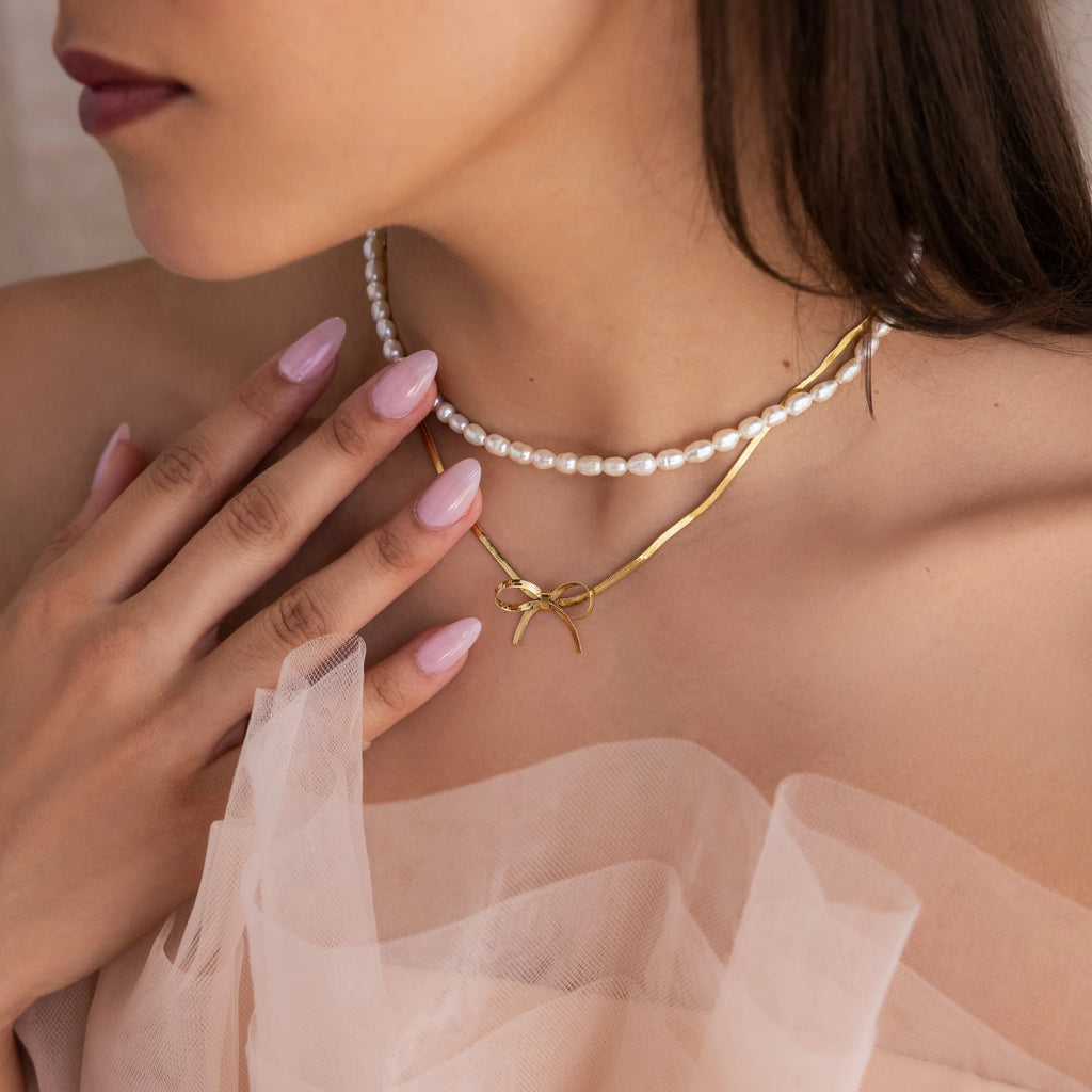 Herringbone Bow Necklace Silver 18K Gold Plated