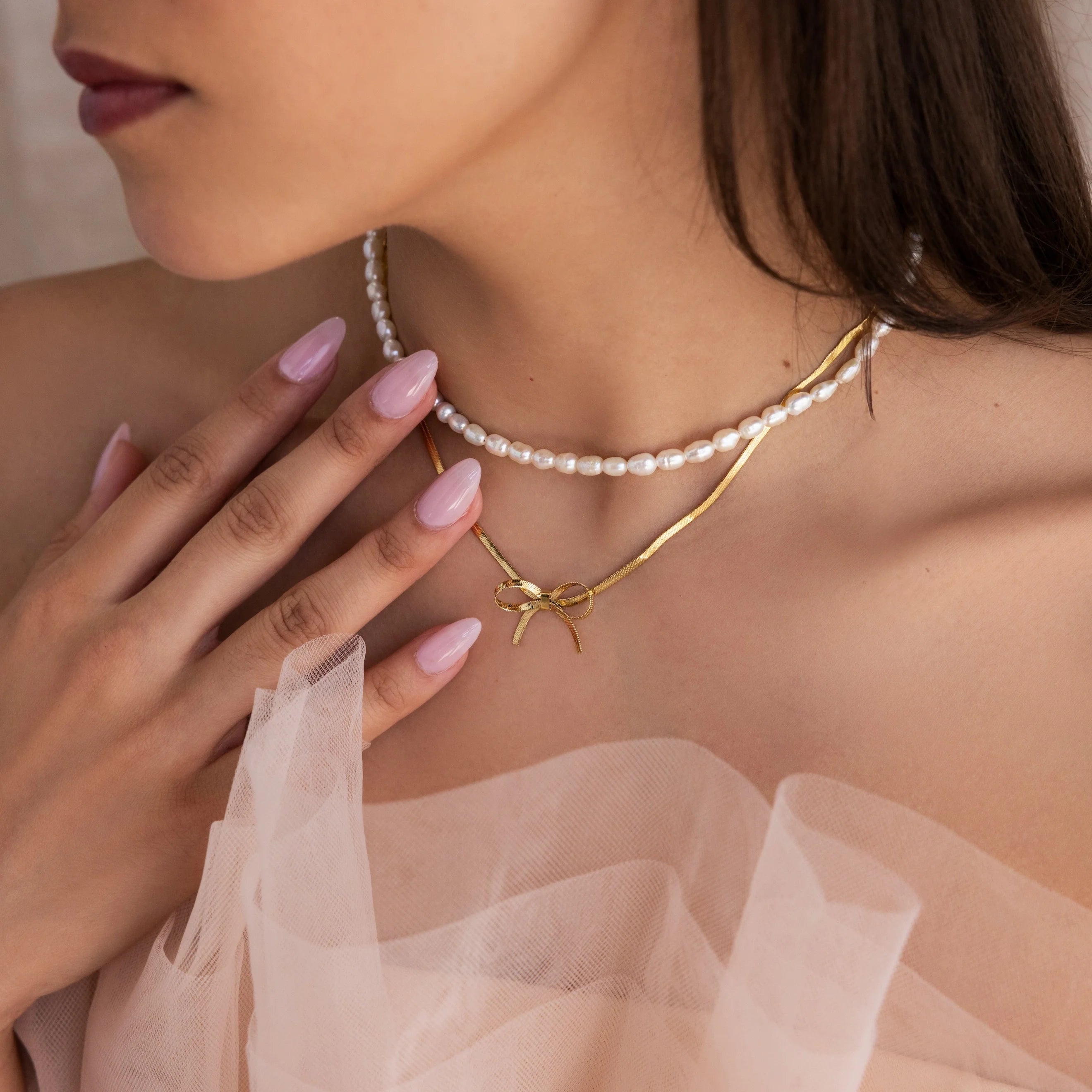 Herringbone Bow Necklace Silver 18K Gold Plated