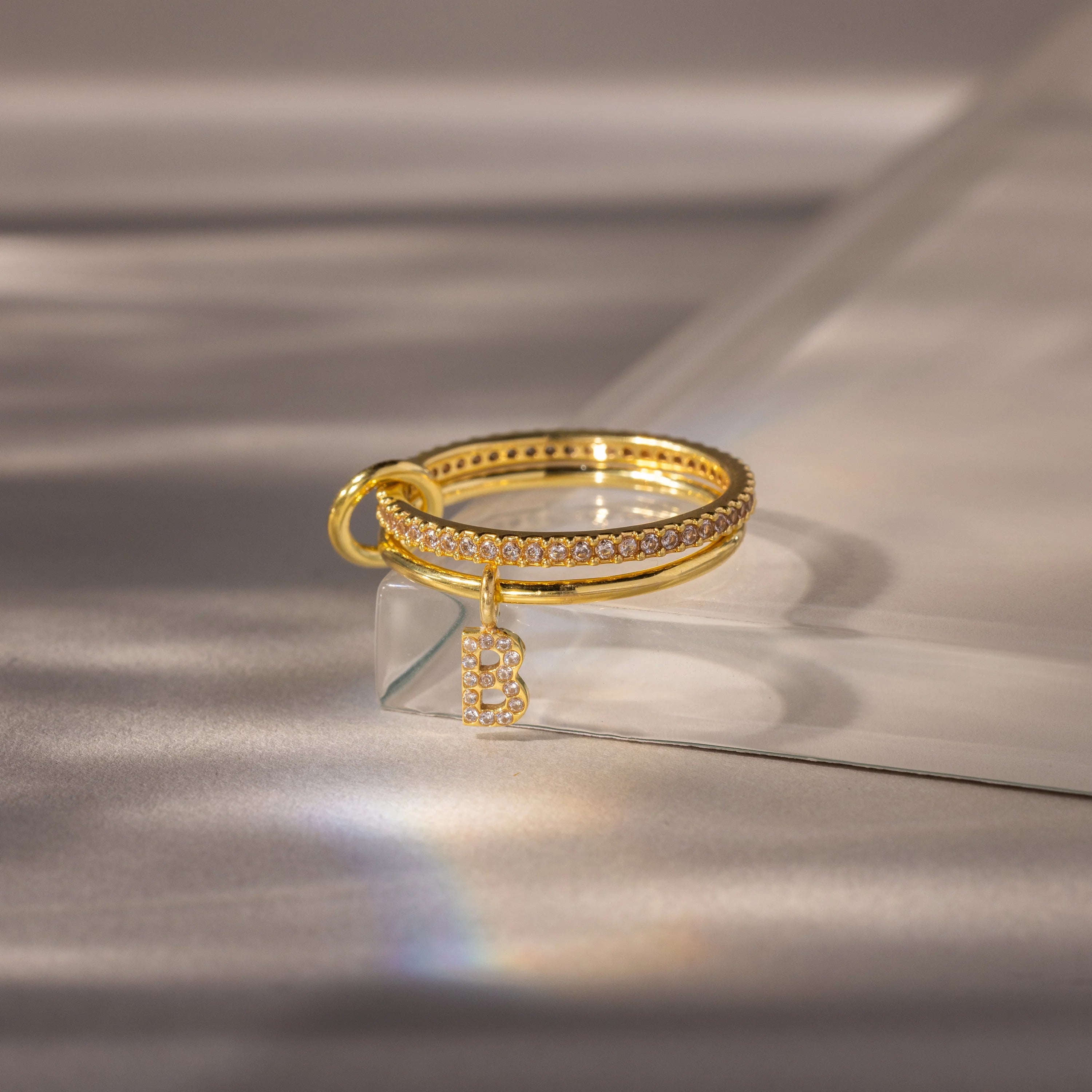 Linked Initial Diamond Ring Set Silver 18K Gold Plated