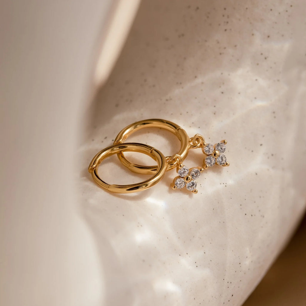 Diamond Flower Huggies Silver 18K Gold Plated