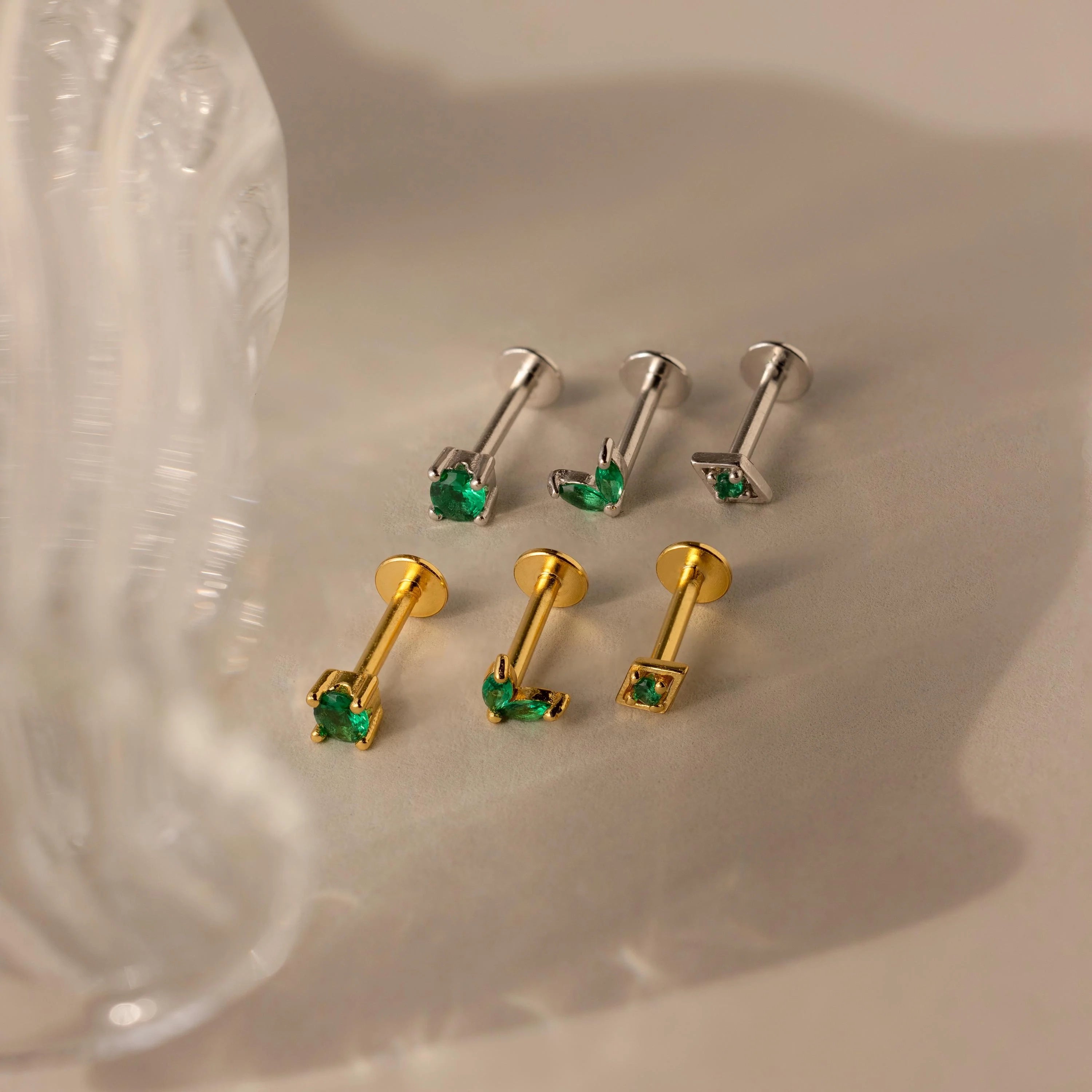 Emerald Flat Back Earring Set Silver 18K Gold Plated