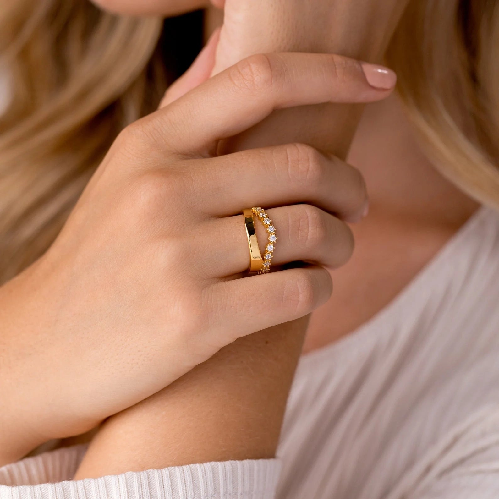 Wave Diamond Duo Ring Silver 18K Gold Plated