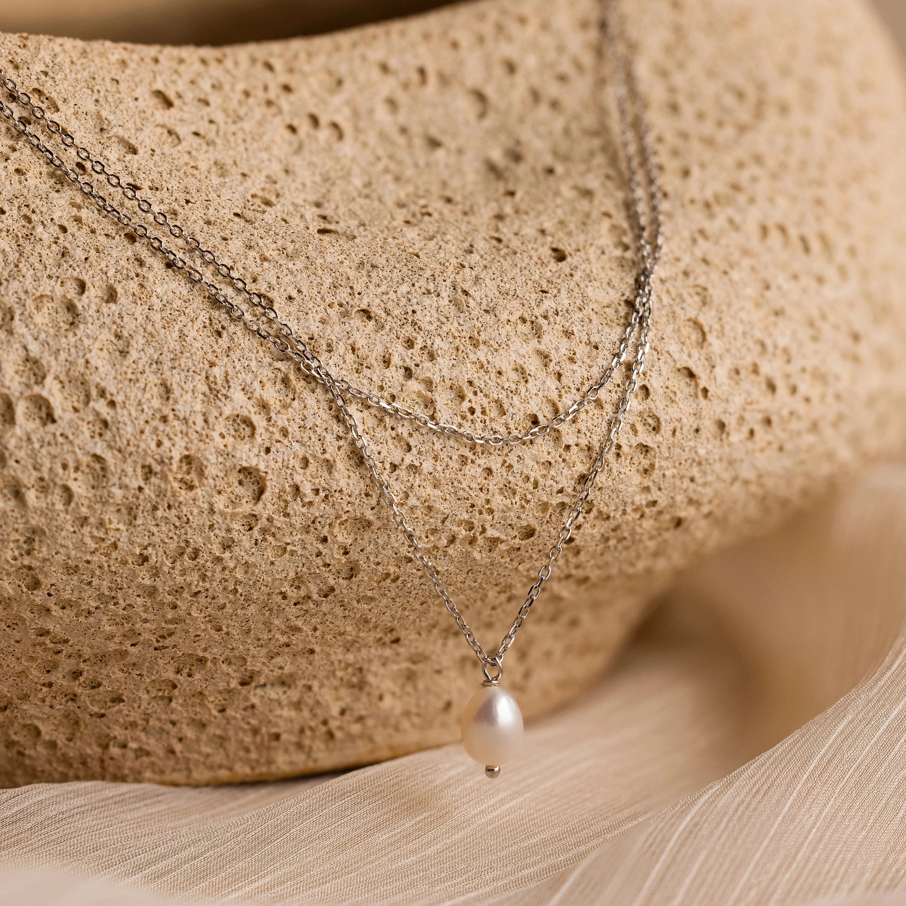 Duo Chain Pearl Necklace Silver 18K Gold Plated