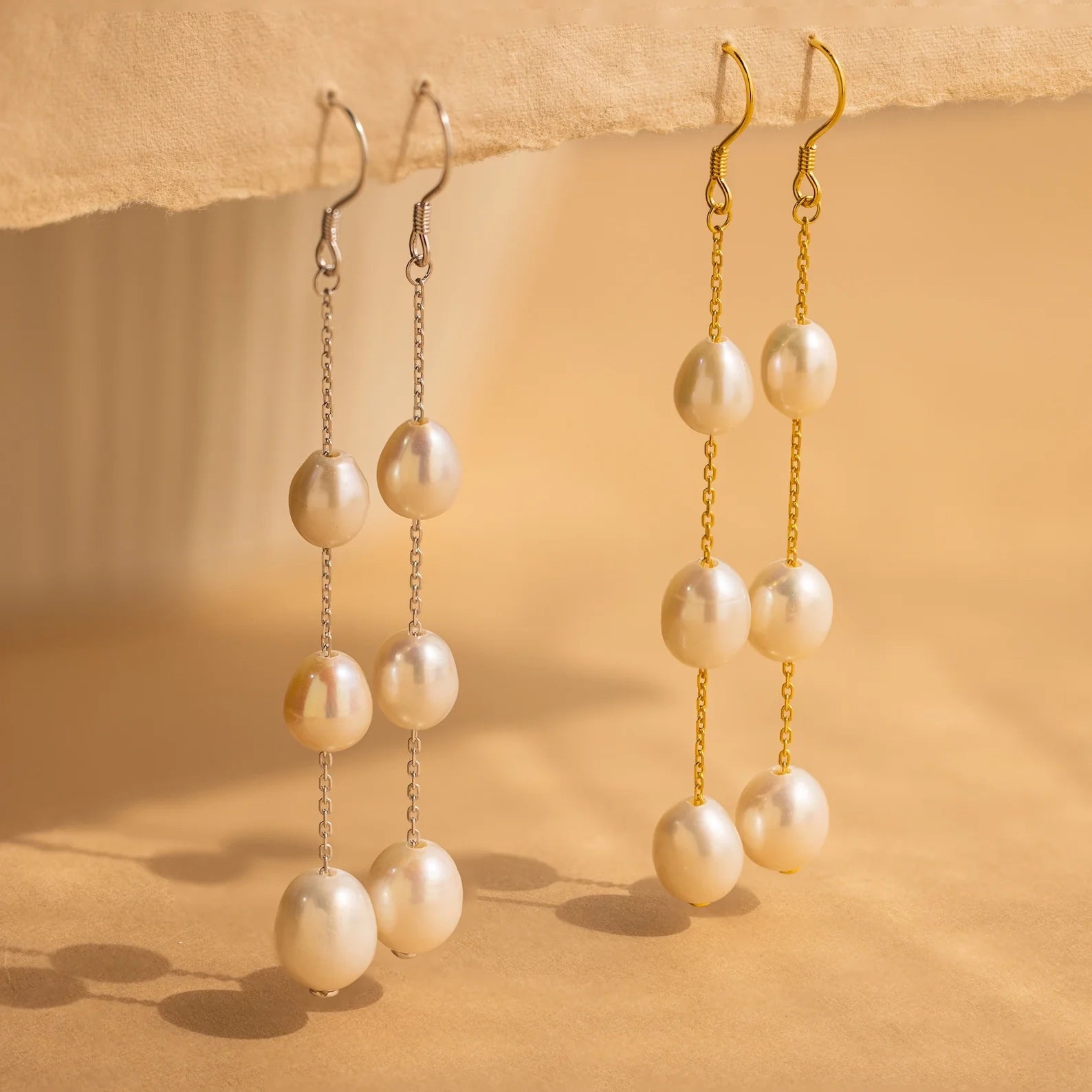 Long Pearl Dangle Earrings Silver 18K Gold Plated