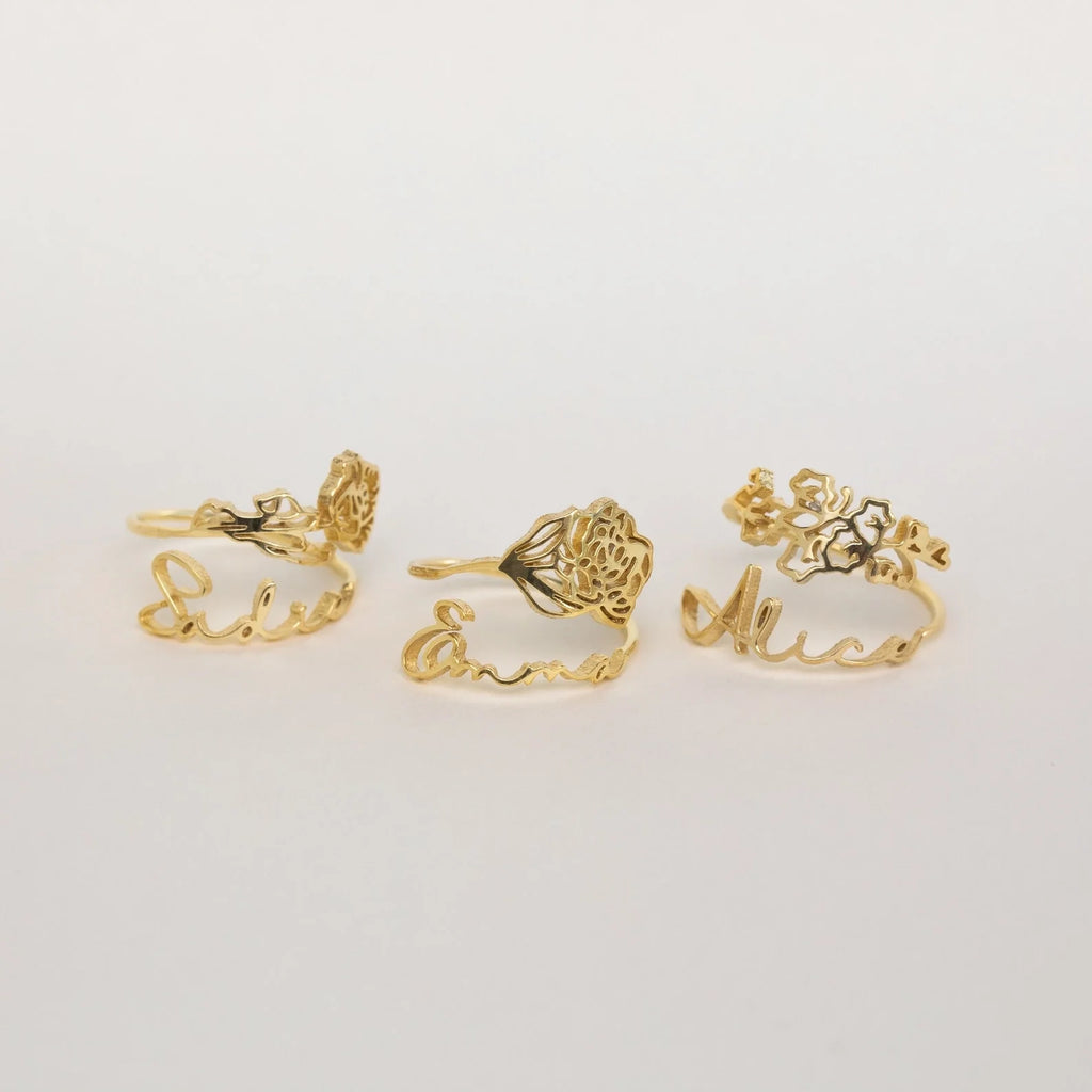Birth Flower Name Ring Silver 18K Gold Plated