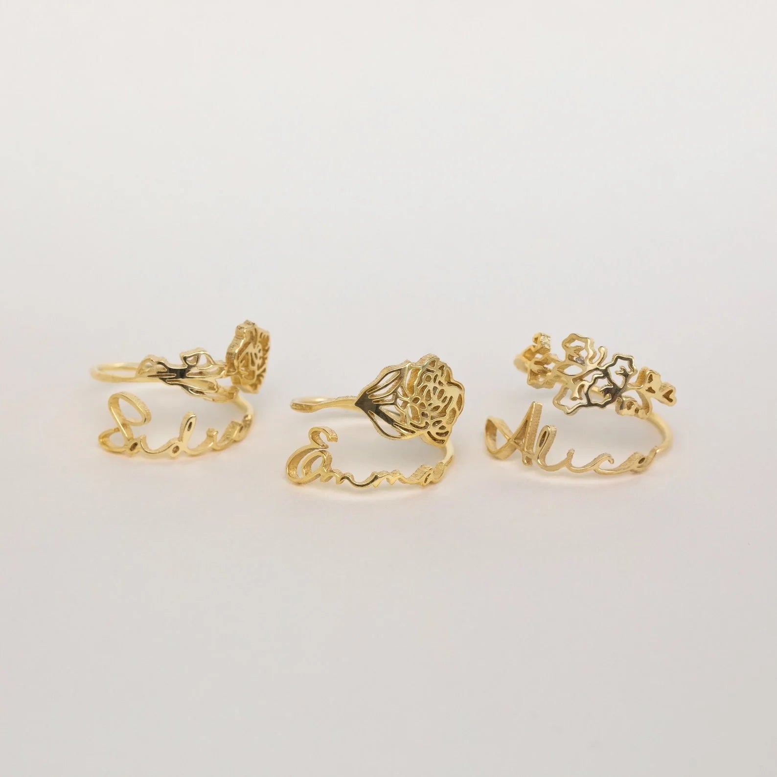 Birth Flower Name Ring Silver 18K Gold Plated