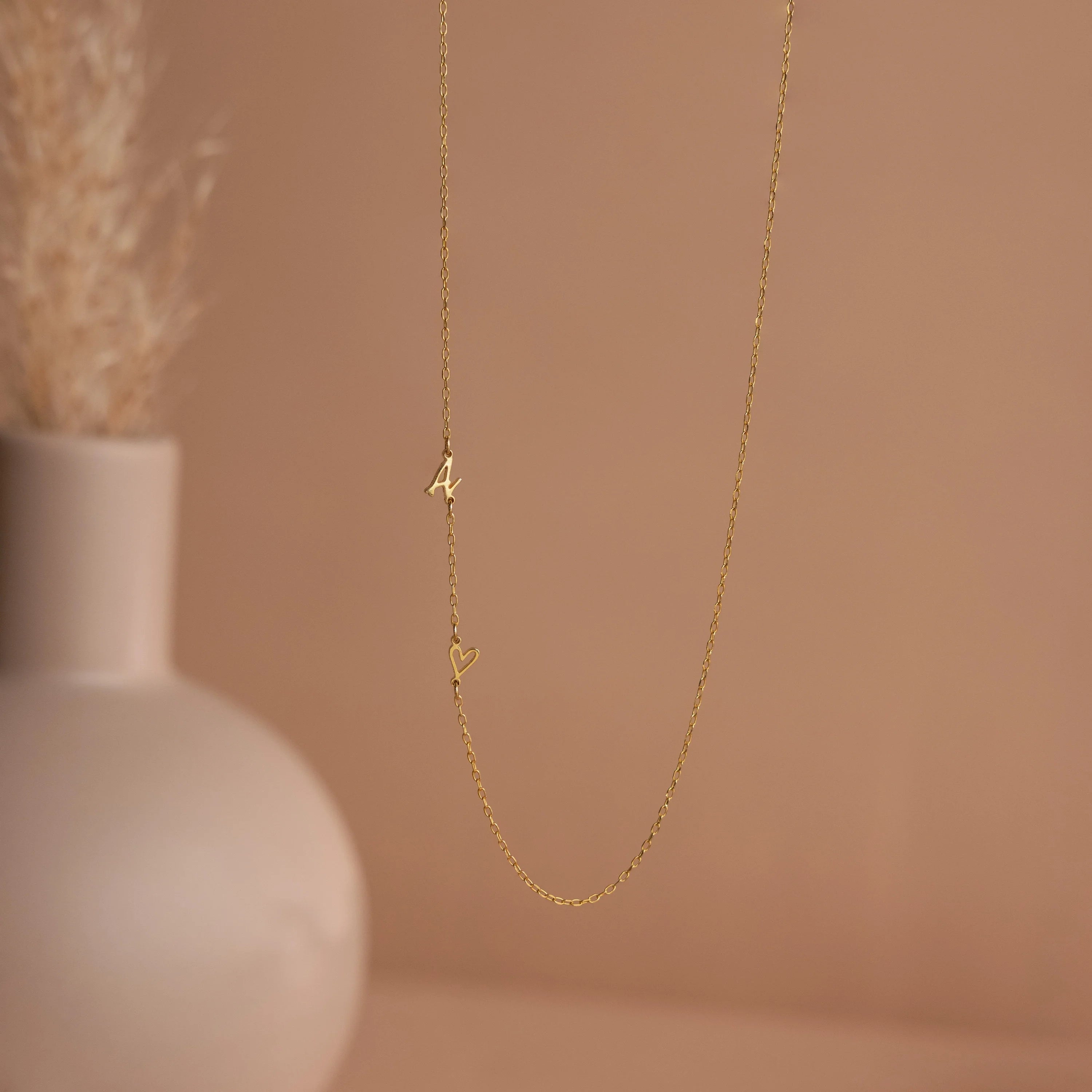 Sideways Initial Heart Necklace Silver 18K Gold Plated