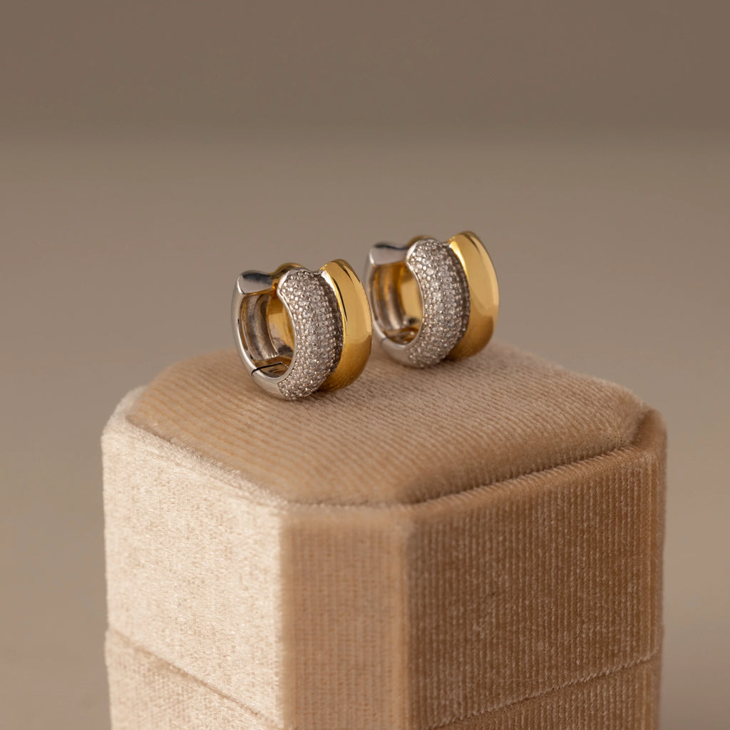 Diamond Duo Mixed Metal Pave Huggies Silver 18K Gold Plated