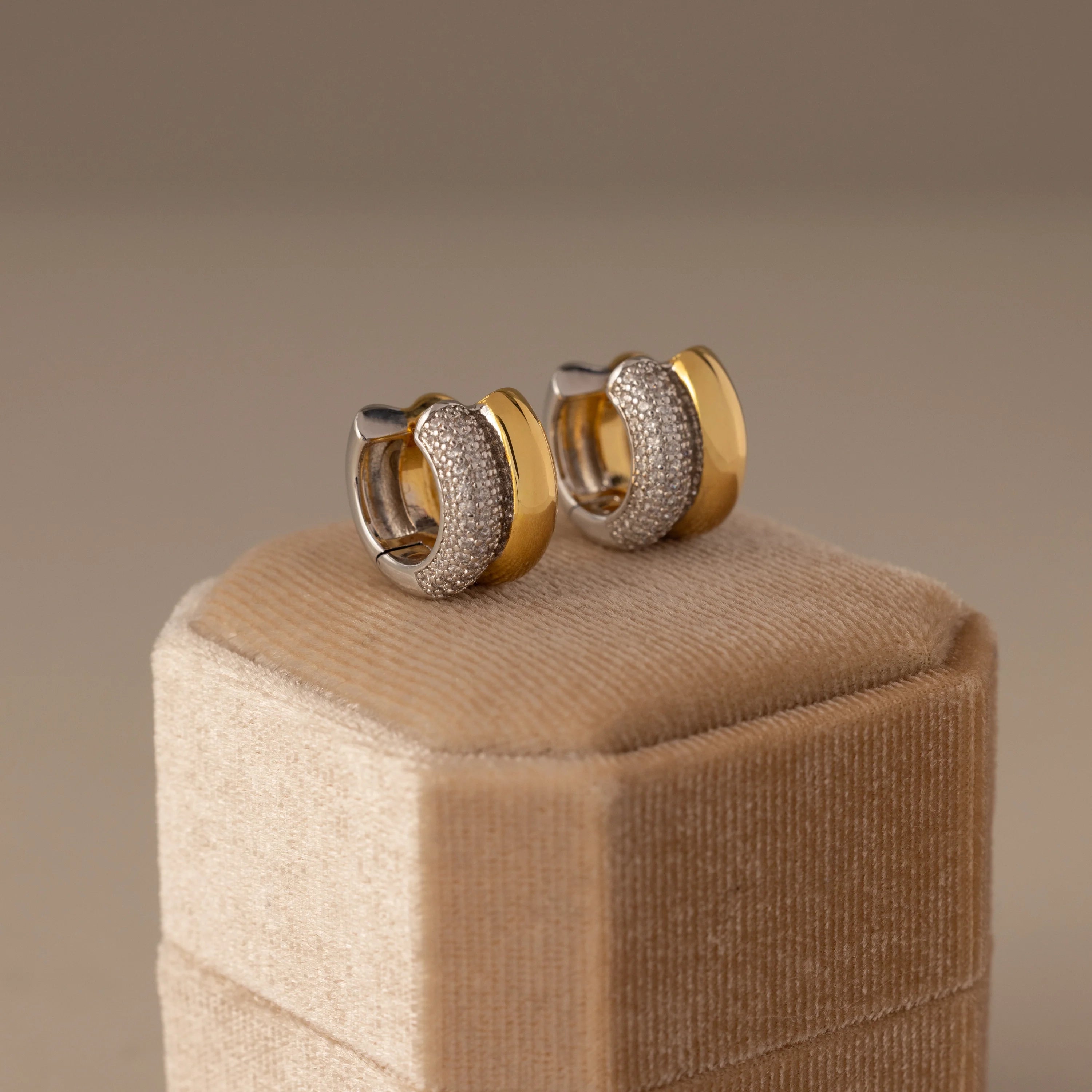 Diamond Duo Mixed Metal Pave Huggies Silver 18K Gold Plated