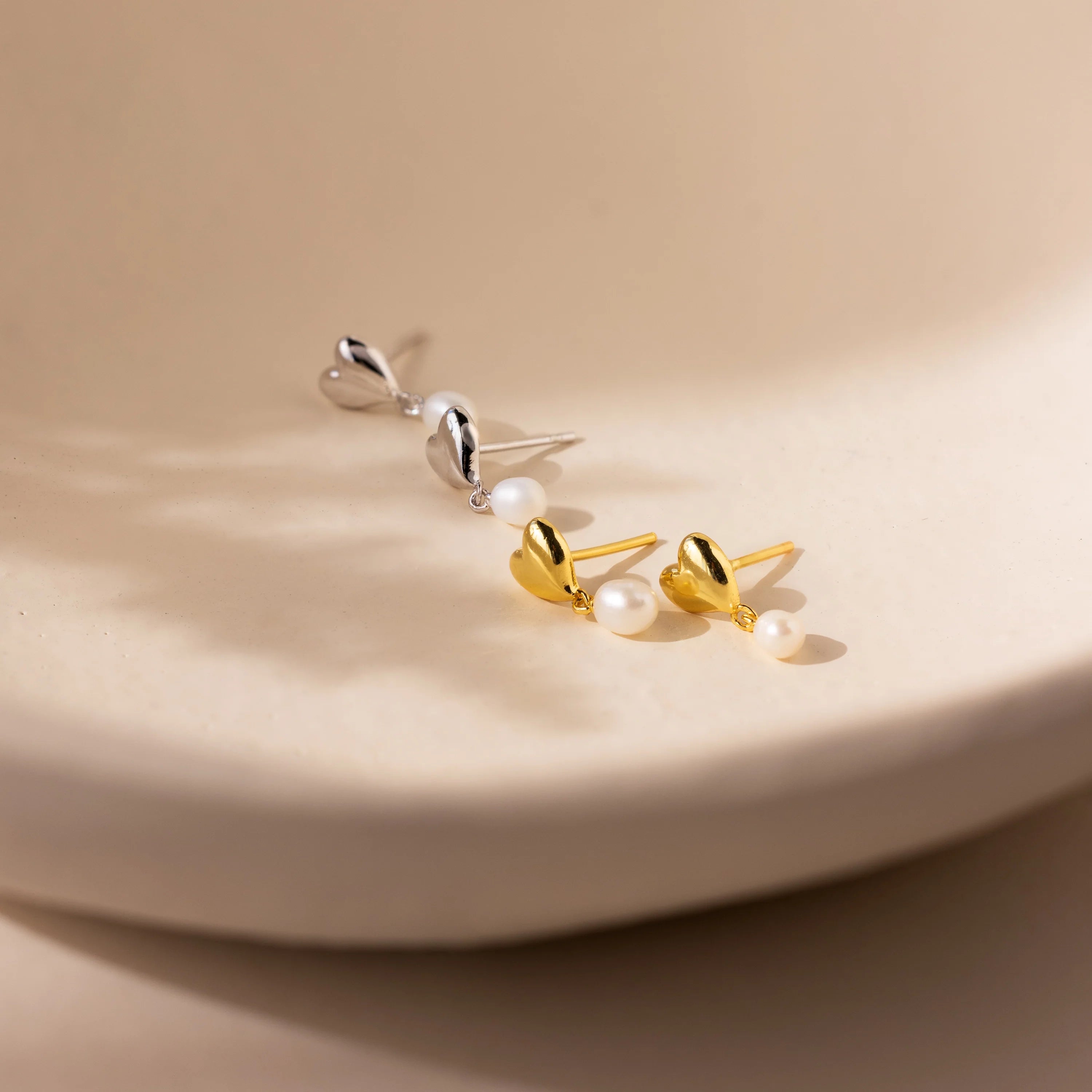 Heart Pearl Drop Earrings Silver 18K Gold Plated