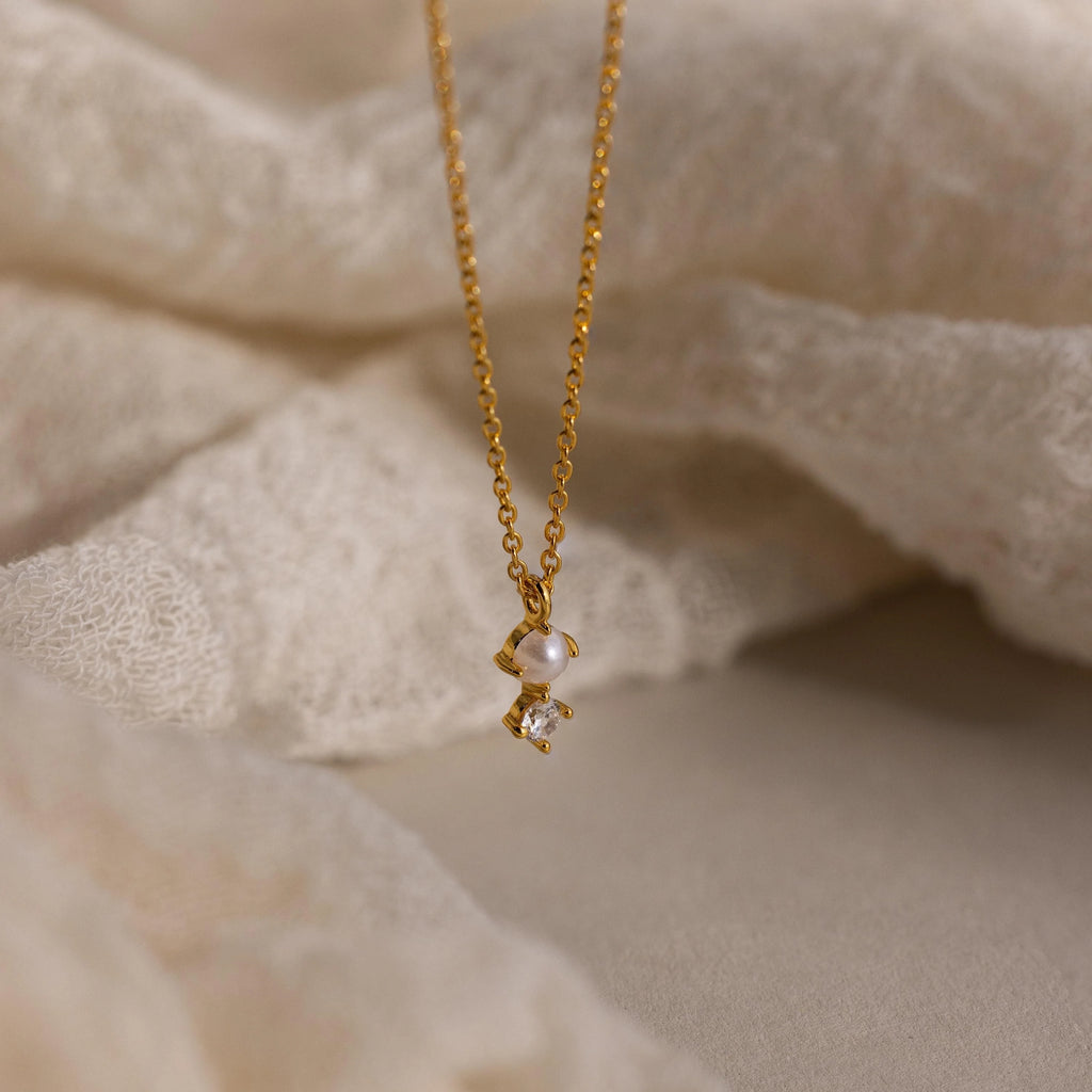 Pearl Diamond Drop Necklace Silver 18K Gold Plated