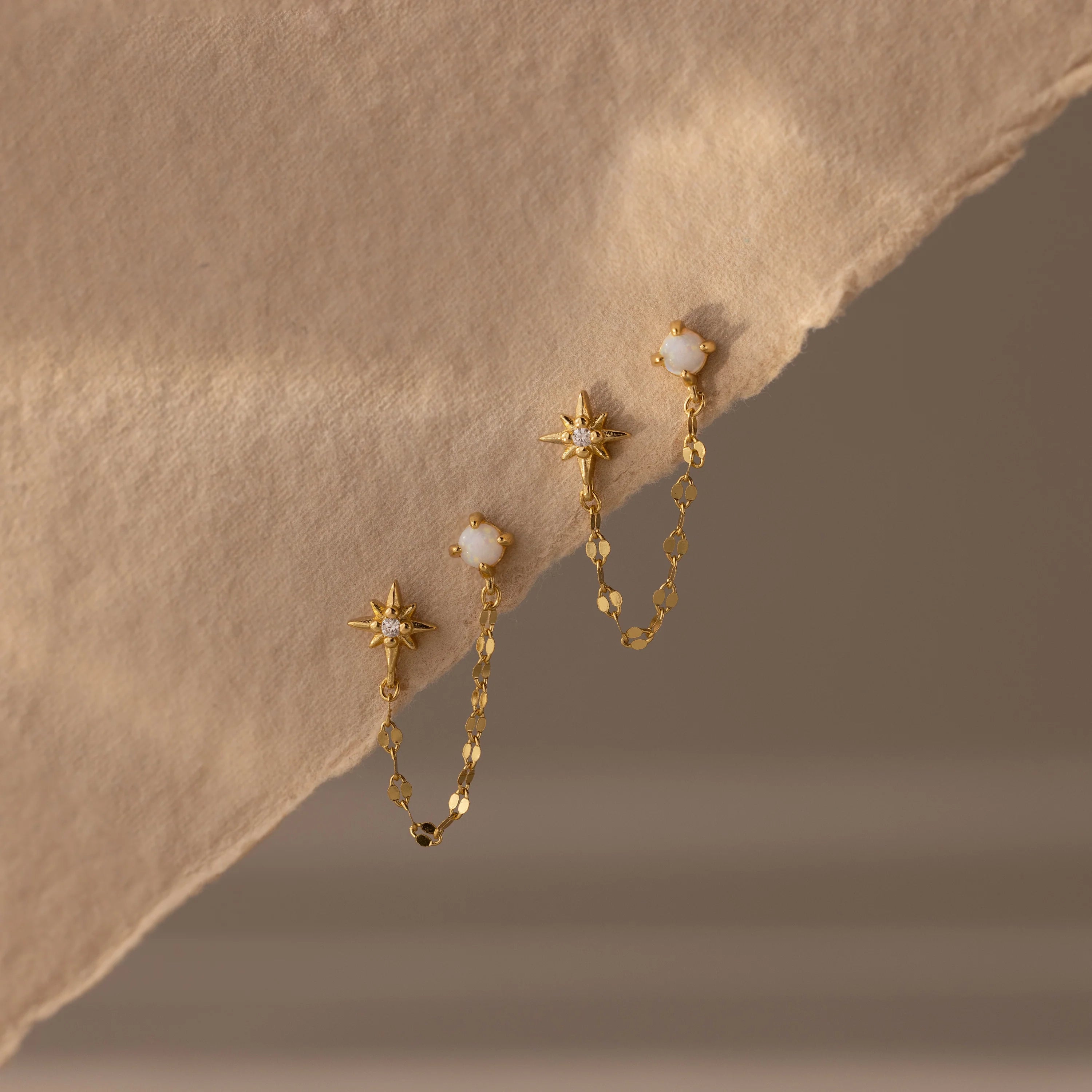 Opal & Star Duo Chain Studs  Silver 18K Gold Plated