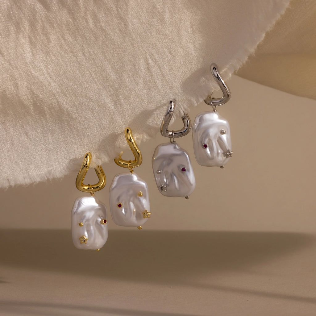 Celestial Baroque Pearl Charm Hoops Silver 18K Gold Plated