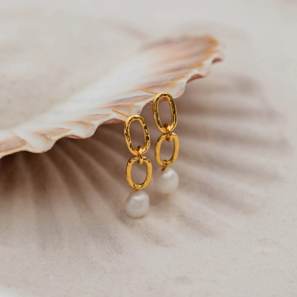 Pearl Drop Link Studs Silver 18K Gold Plated