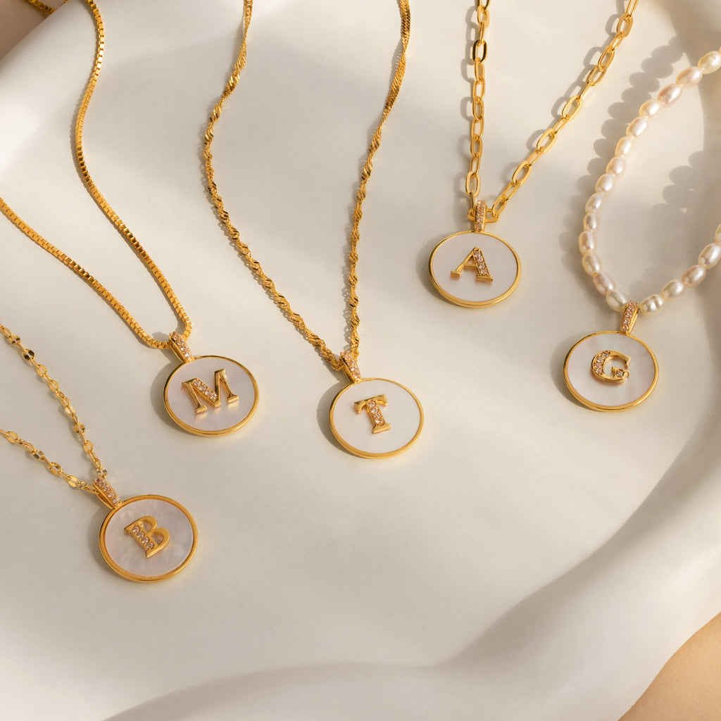 Pearl Initial Disc Necklace  Silver 18K Gold Plated