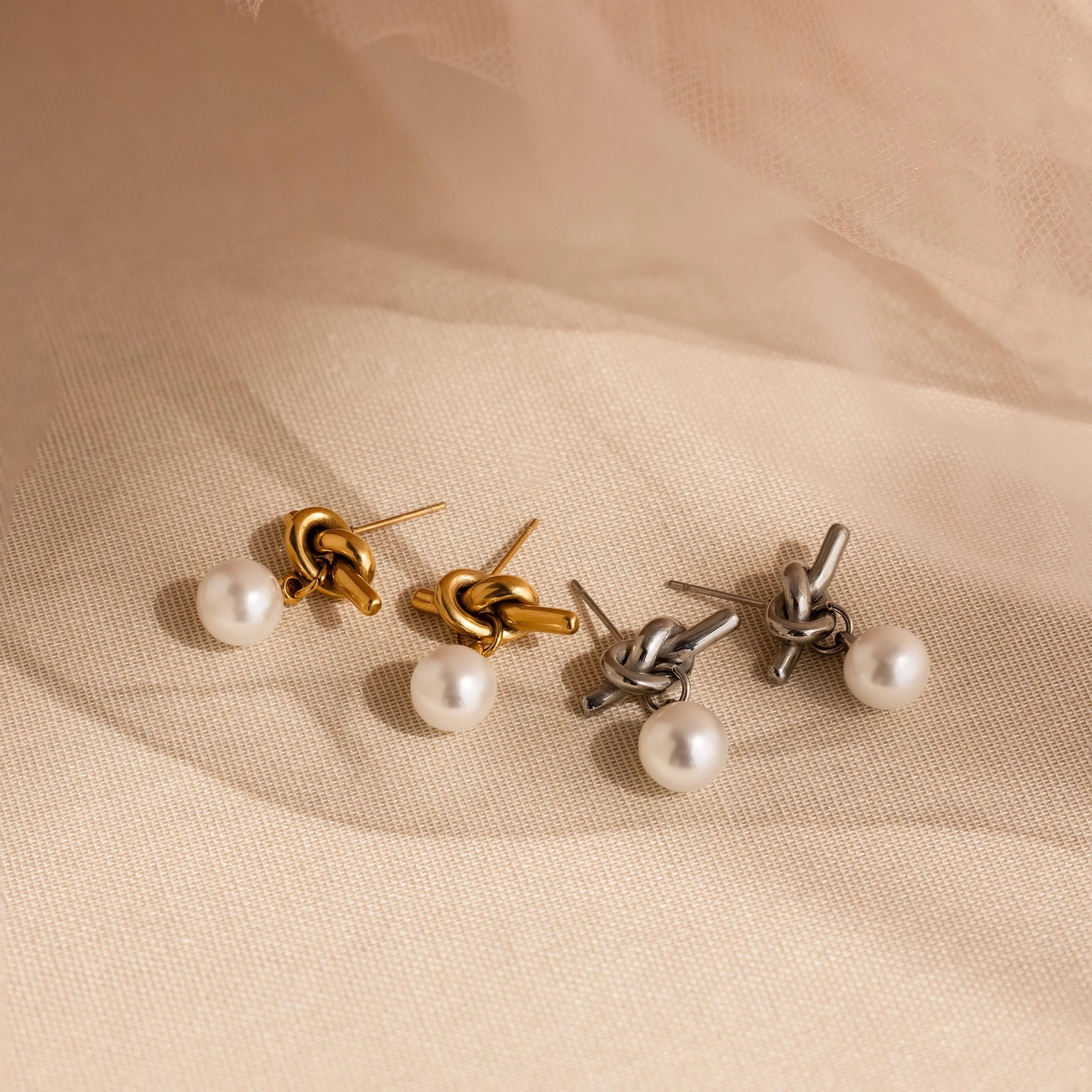Love Knot Pearl Earrings Silver 18K Gold Plated