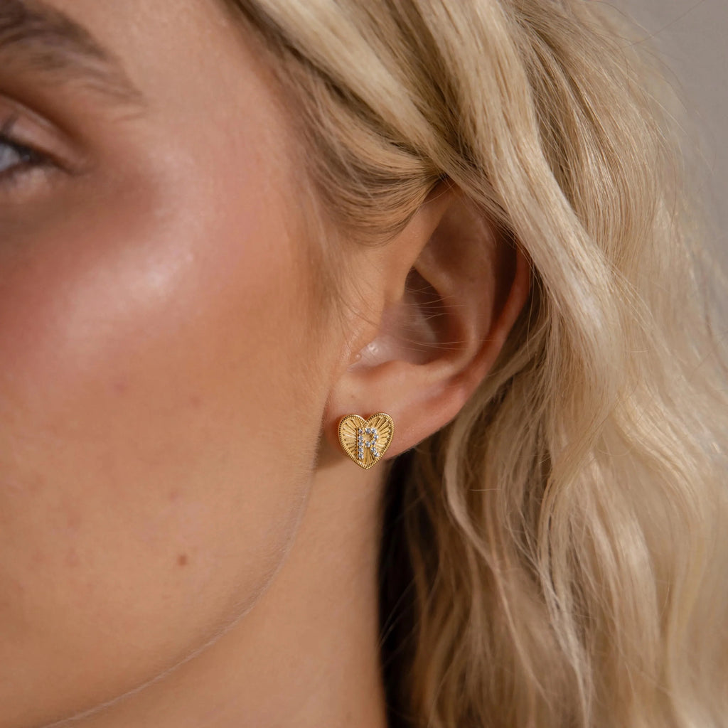 Ribbed Heart Initial Studs  Silver 18K Gold Plated