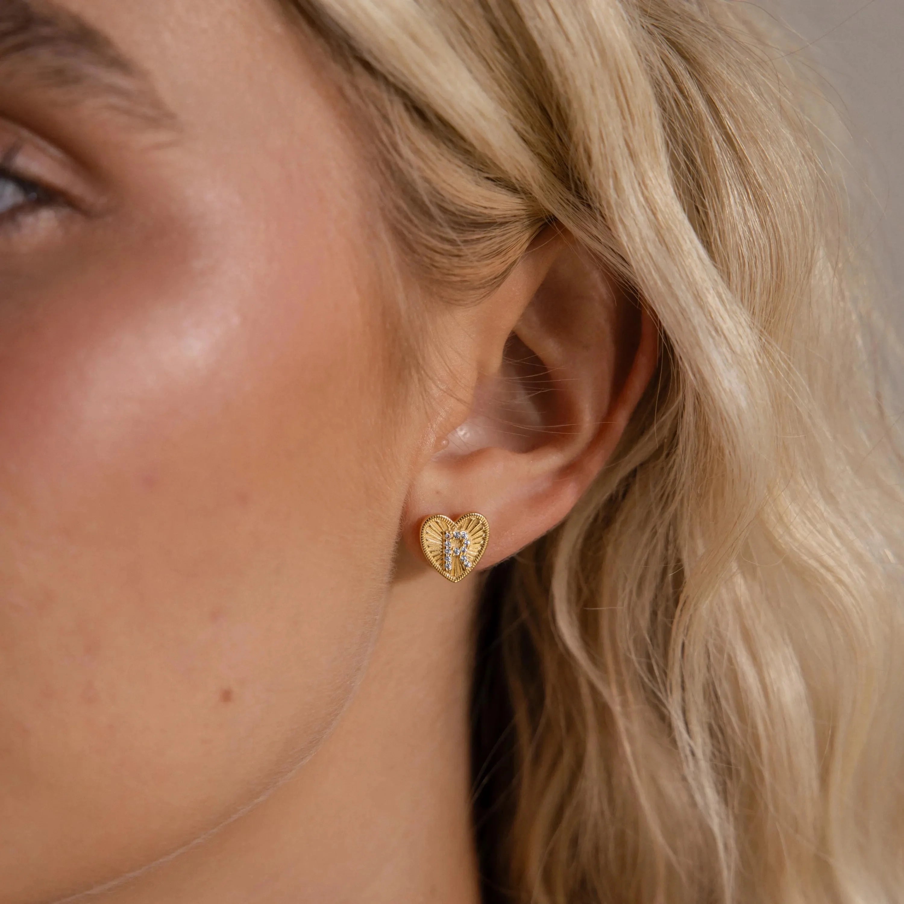 Ribbed Heart Initial Studs  Silver 18K Gold Plated
