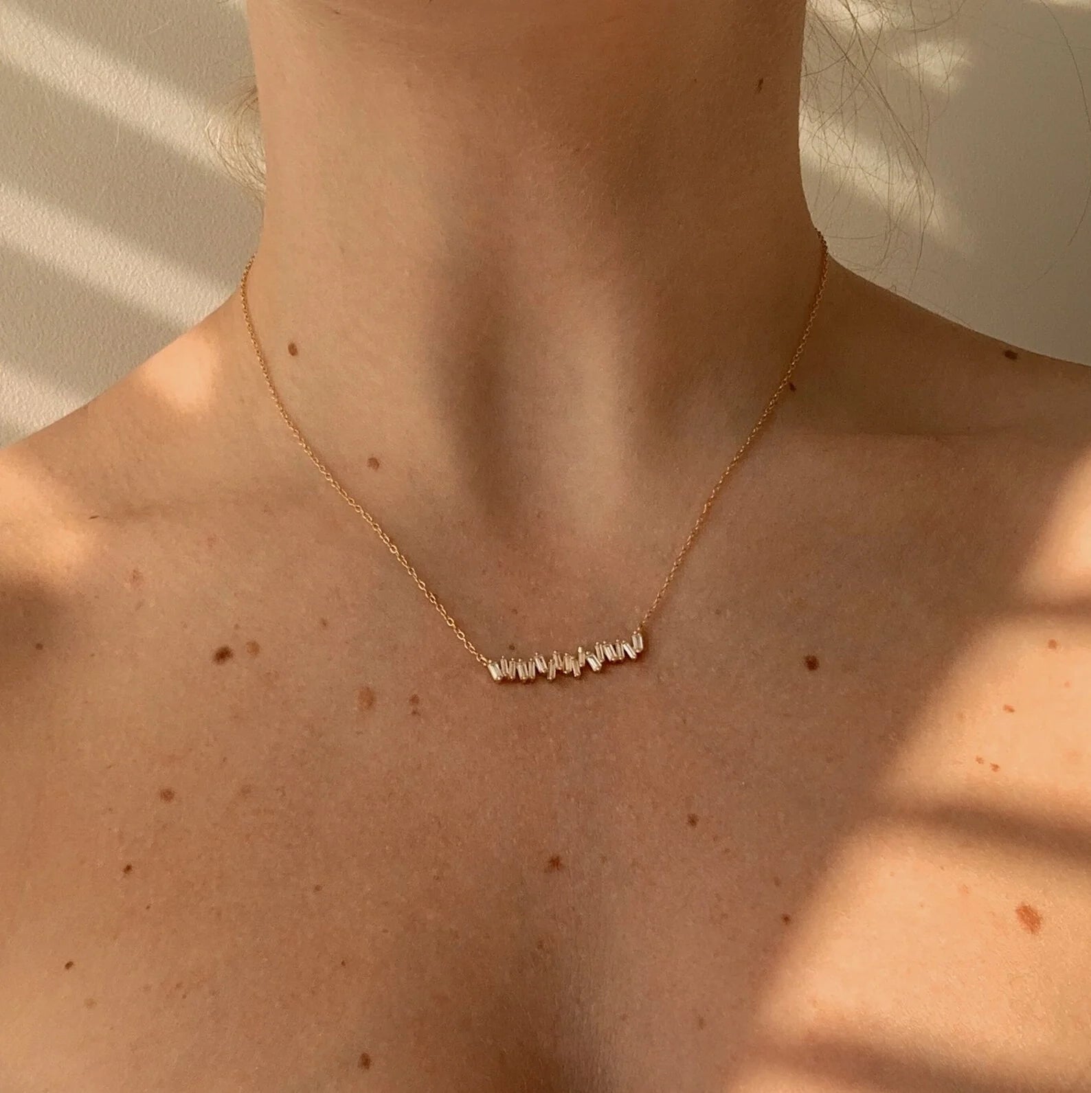 Diamond Baguette Bar Necklace Silver 18K Gold Plated