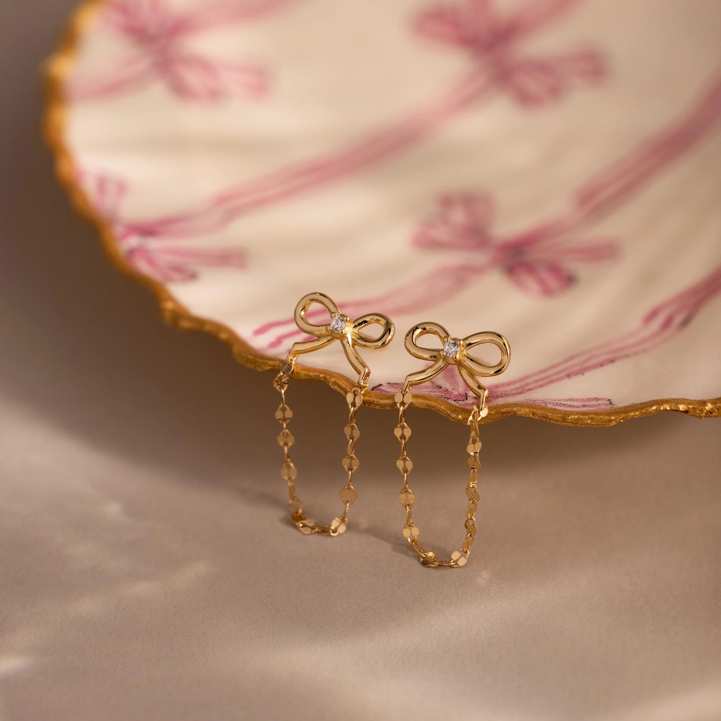 Diamond Bow Chain Studs Silver 18K Gold Plated