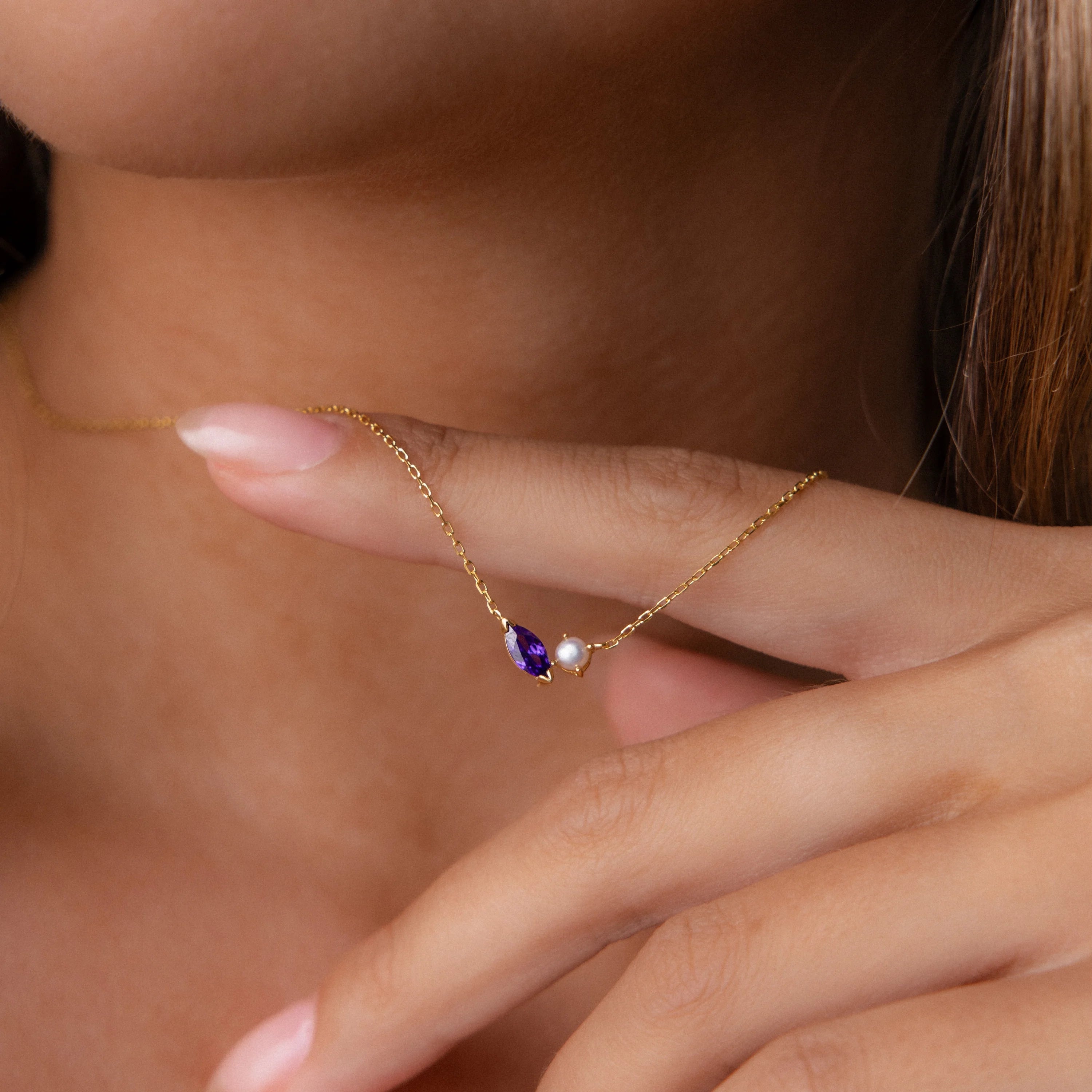 Marquise Birthstone Pearl Necklace Silver 18K Gold Plated