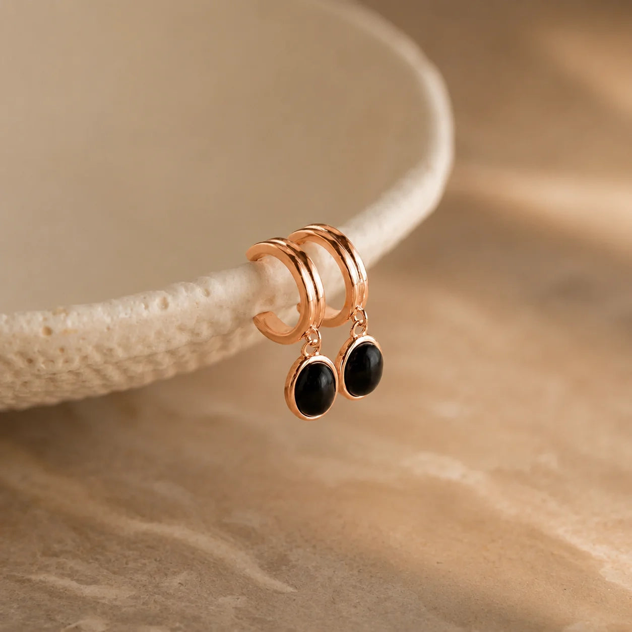 Black Gemstone Drop Hoop Earrings
