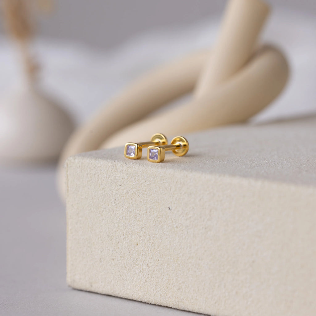 Birthstone Square Bezel Flatback Studs Silver 18K Gold Plated