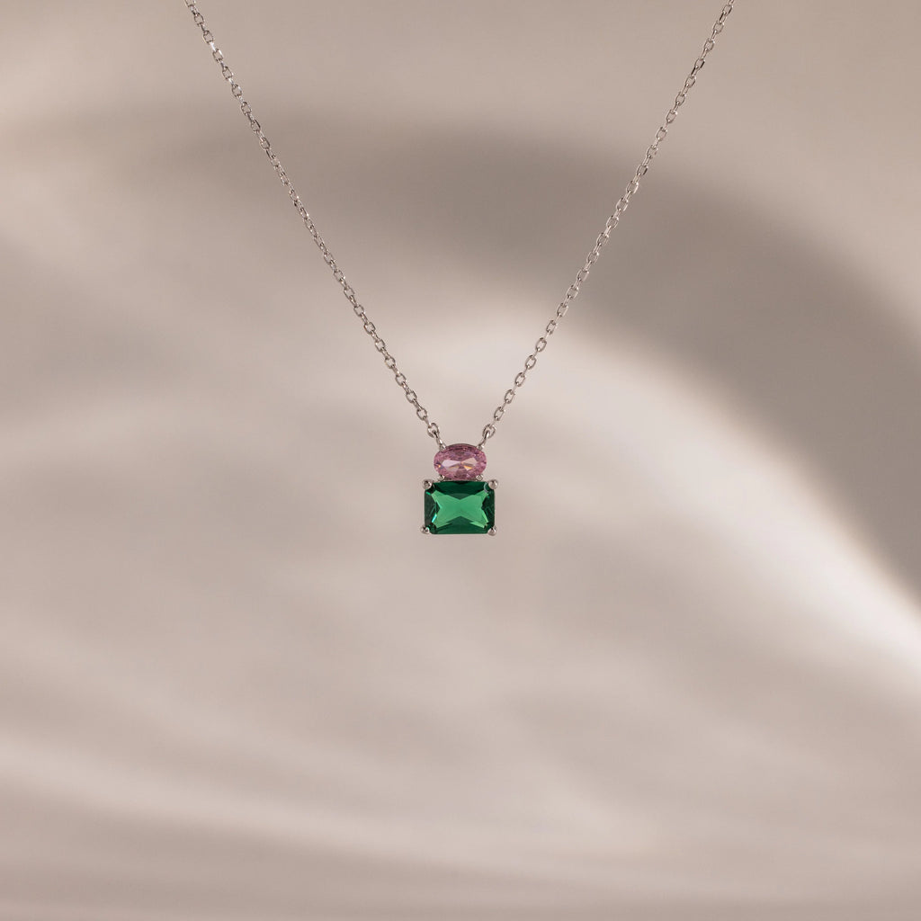 Pink Tourmaline Emerald Bloom Necklace Silver 18K Gold Plated