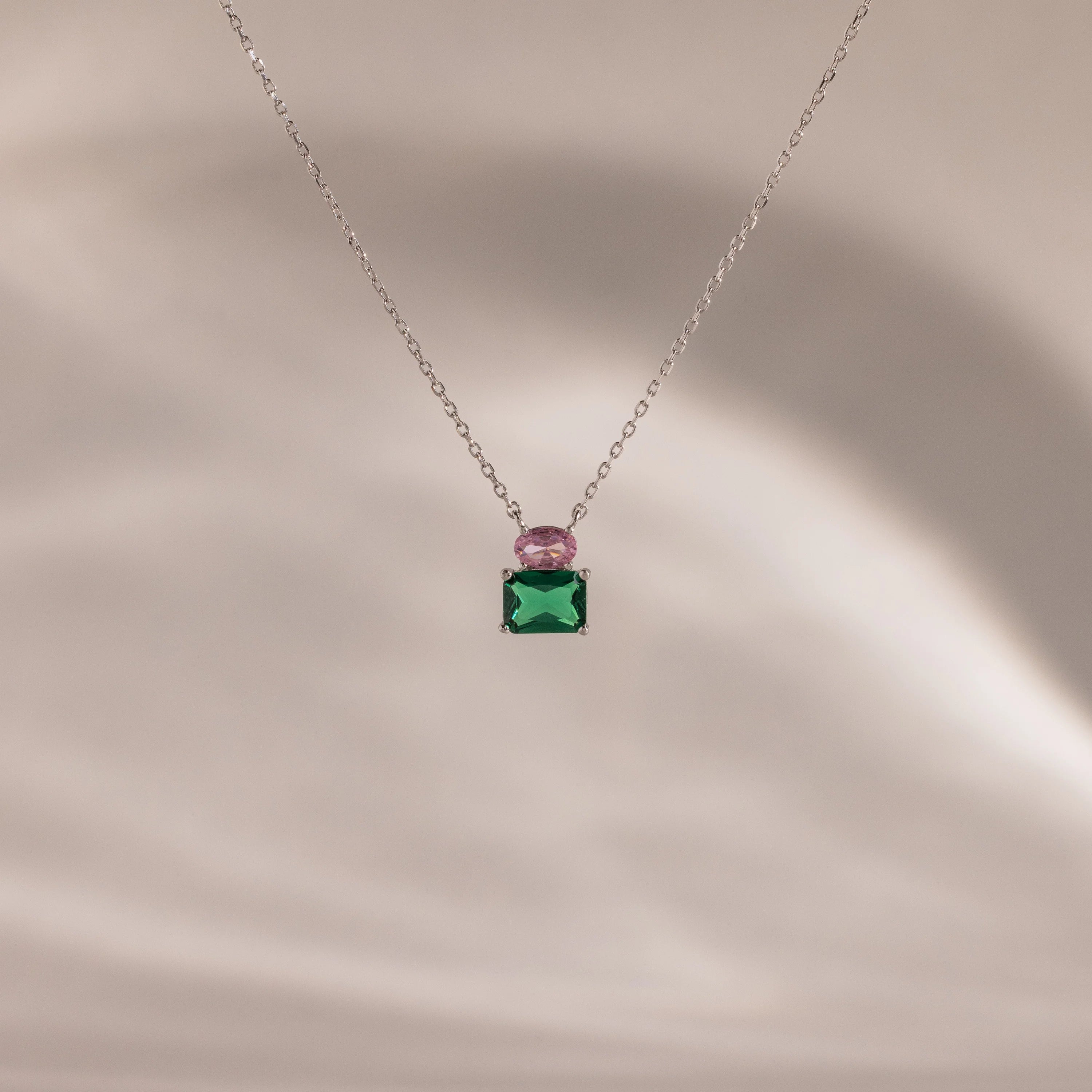 Pink Tourmaline Emerald Bloom Necklace Silver 18K Gold Plated