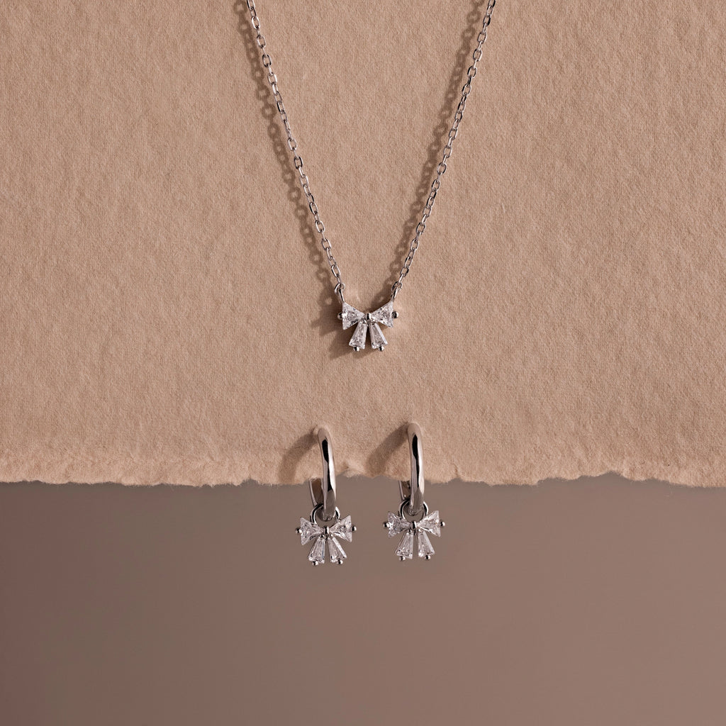 Diamond Bow Necklace & Earrings Set Silver 18K Gold Plated