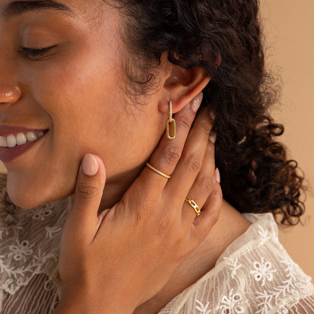 Pave Link Drop Earrings Silver 18K Gold Plated