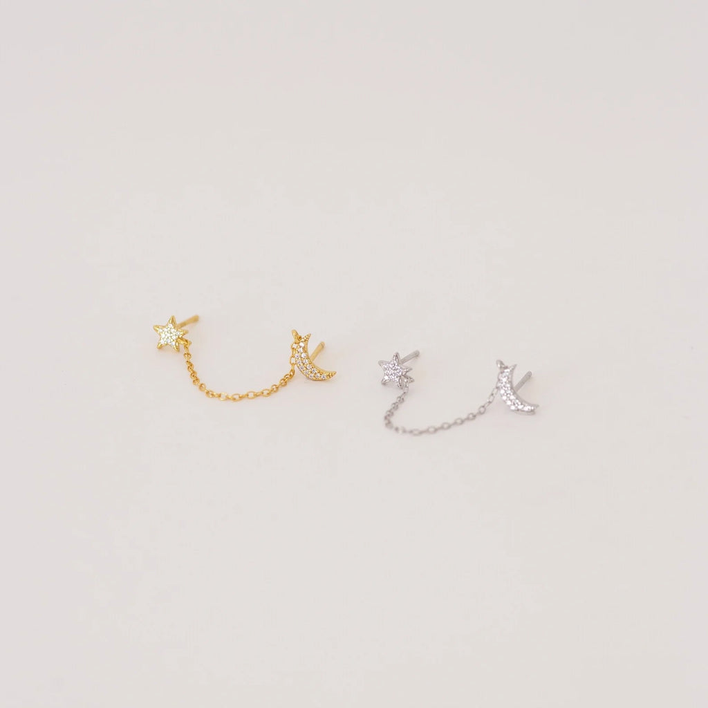 Moon & Star Chain Earrings Silver 18K Gold Plated