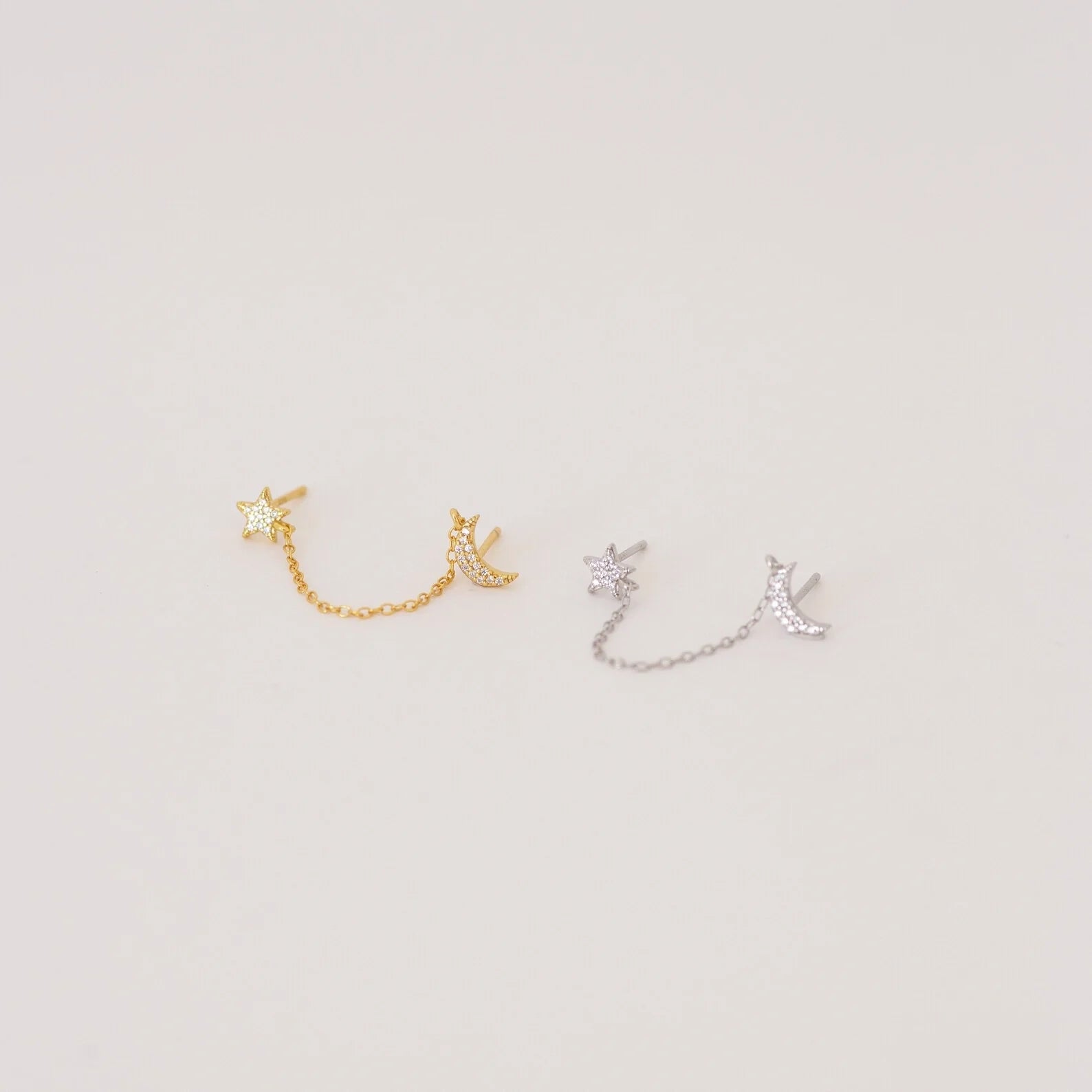 Moon & Star Chain Earrings Silver 18K Gold Plated