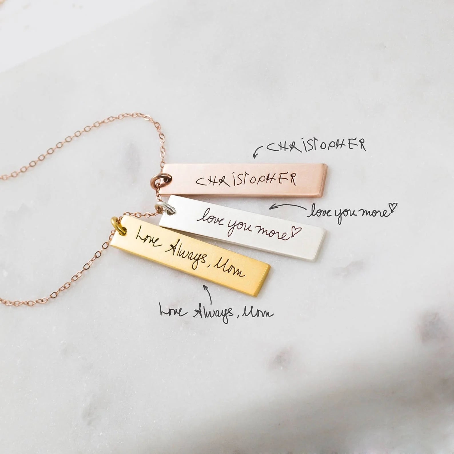 Vertical Handwriting Bar Necklace Silver 18K Gold Plated
