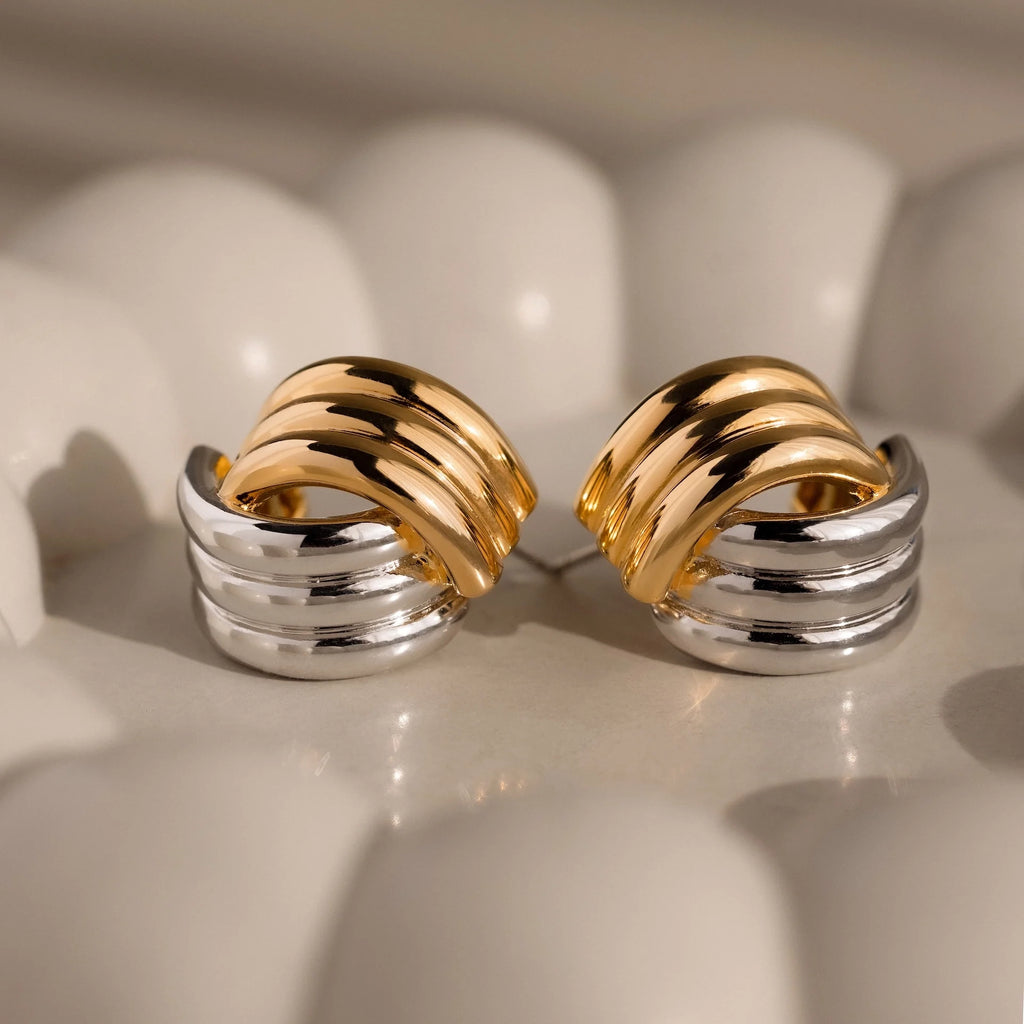 Ribbed Mixed Metal Studs Silver 18K Gold Plated