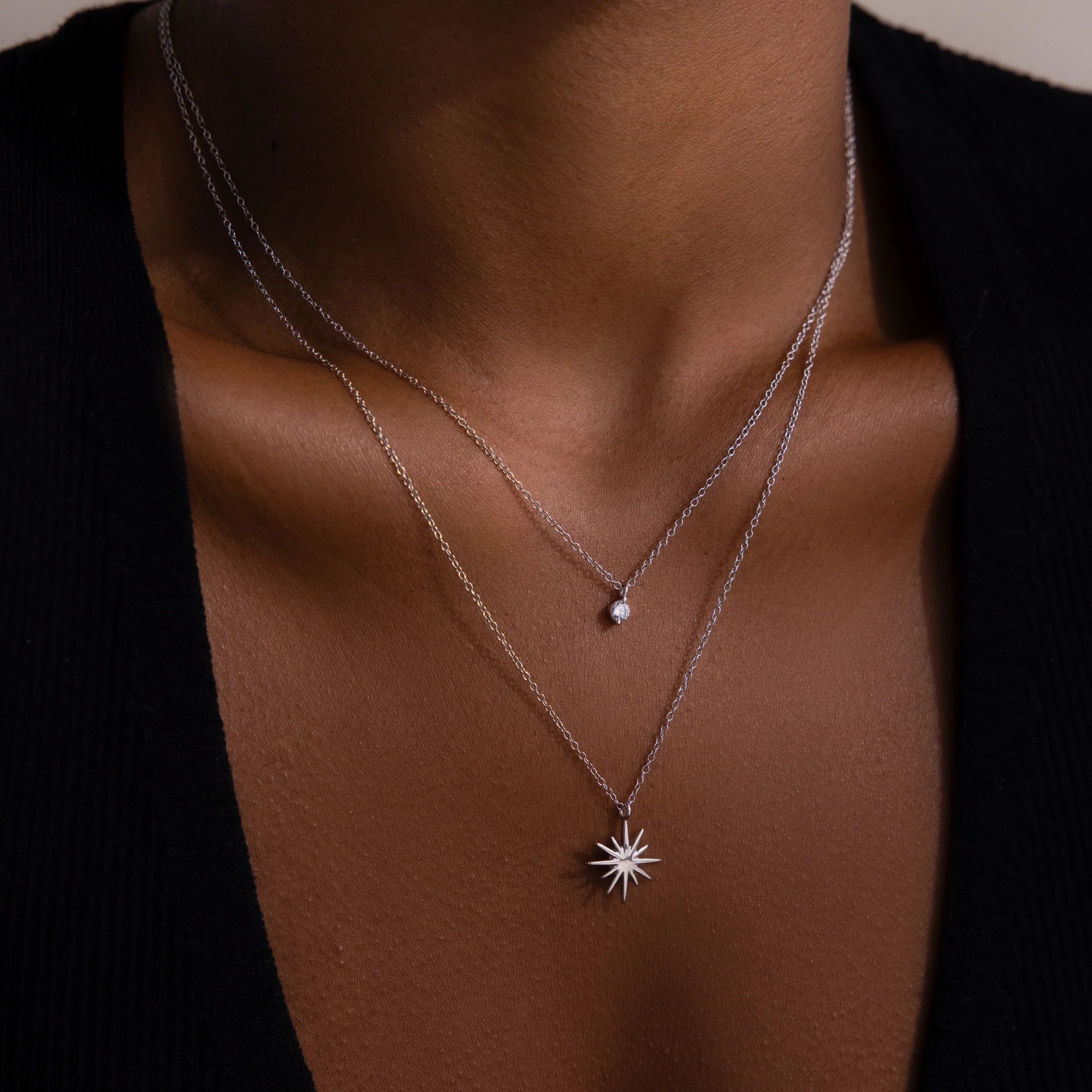 Diamond Starburst Duo Necklace Silver 18K Gold Plated