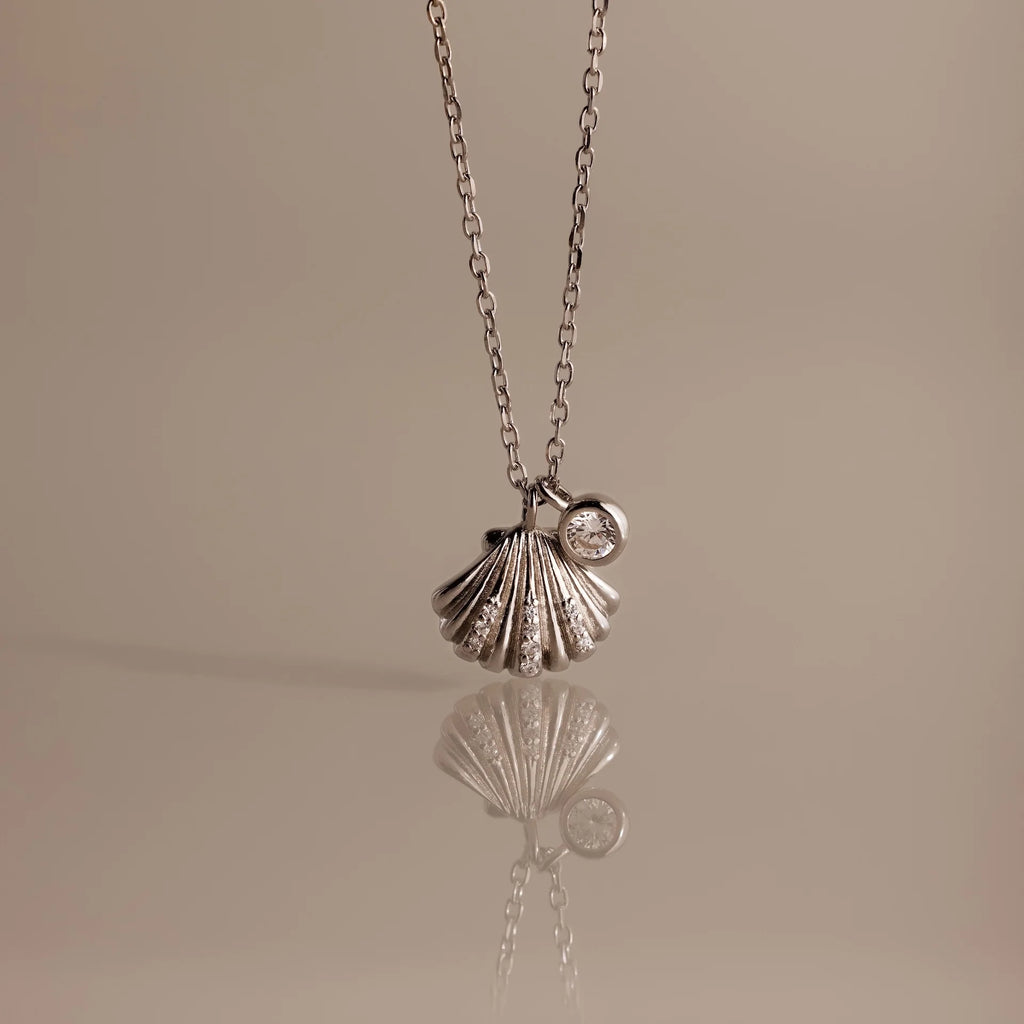 Diamond Seashell Charm Necklace Silver 18K Gold Plated