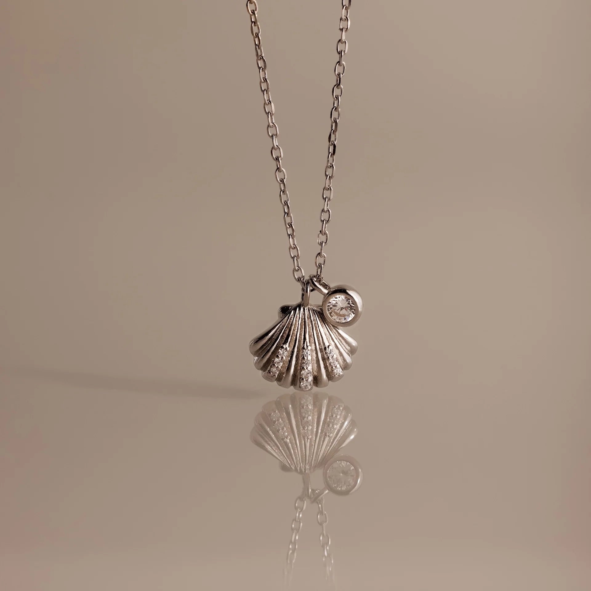 Diamond Seashell Charm Necklace Silver 18K Gold Plated