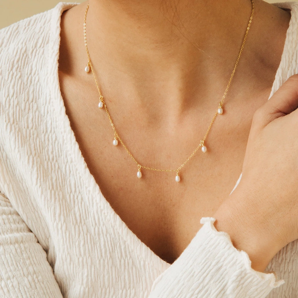Pearl Station Necklace Silver 18K Gold Plated